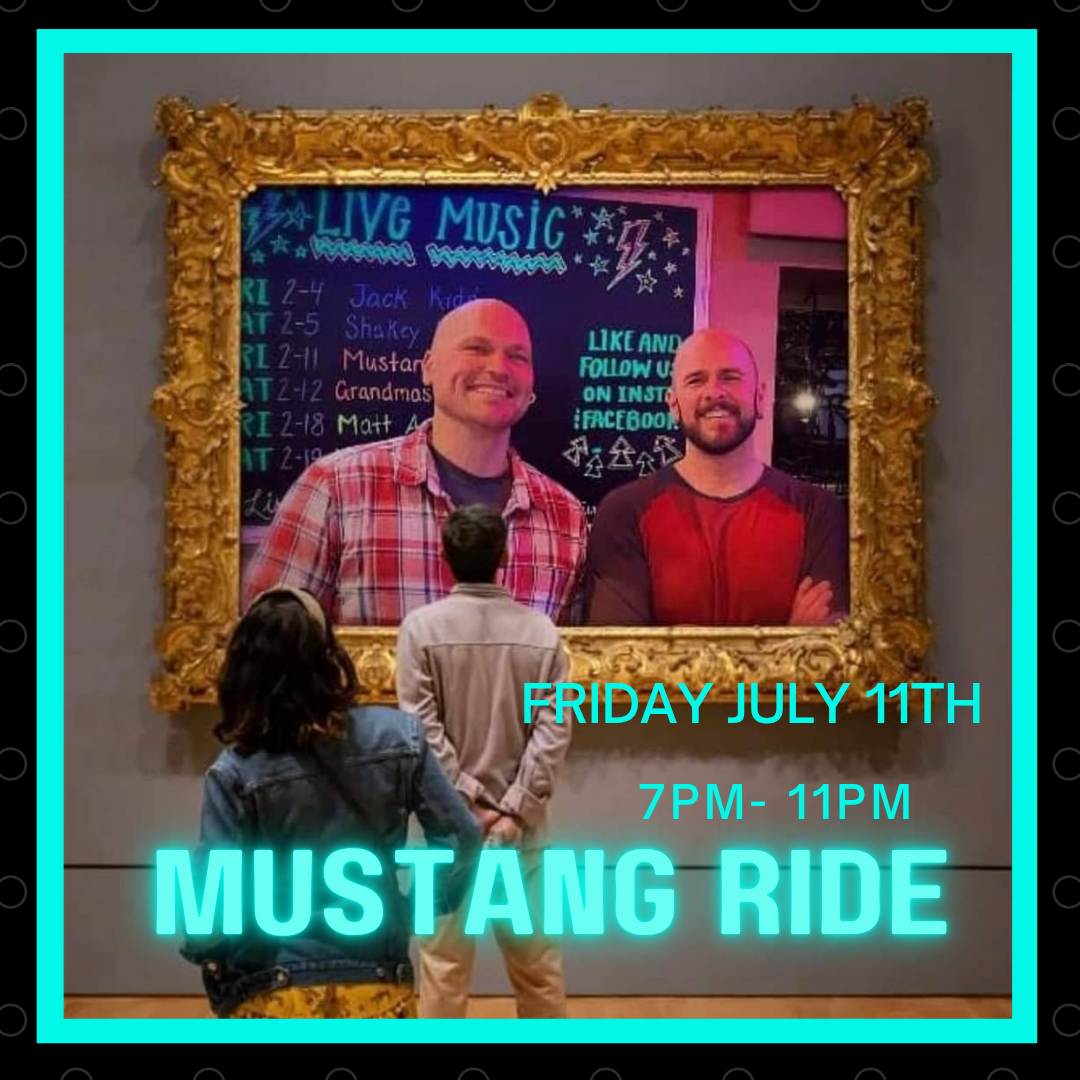 Two people look at a framed poster in a gallery showing two men in front of a live music board. Text reads “Friday July 11th, 7PM-11PM, Mustang Ride.”.