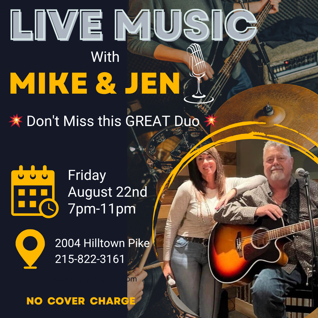 Promotional poster for a live music event featuring a duo named Mike & Jen, scheduled for Friday, August 22nd, 7pm-11pm at 2004 Hilltown Pike, with no cover charge.