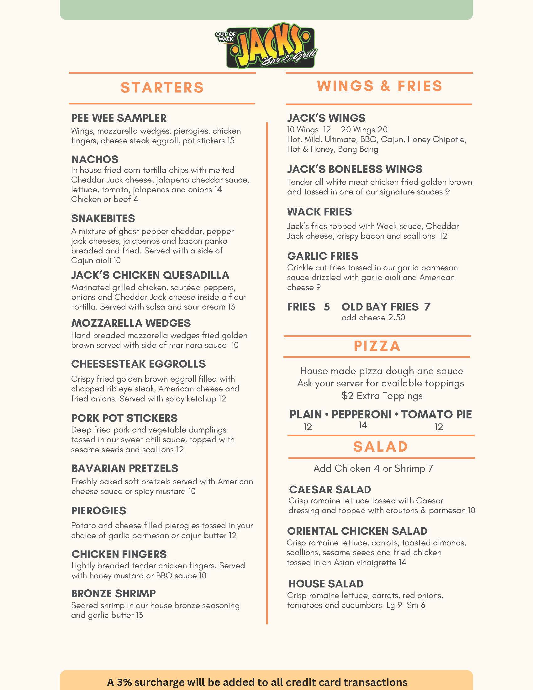 A restaurant menu displaying starters like nachos and eggrolls, and wings and fries options; prices and a note about a 3% credit card surcharge are also shown.