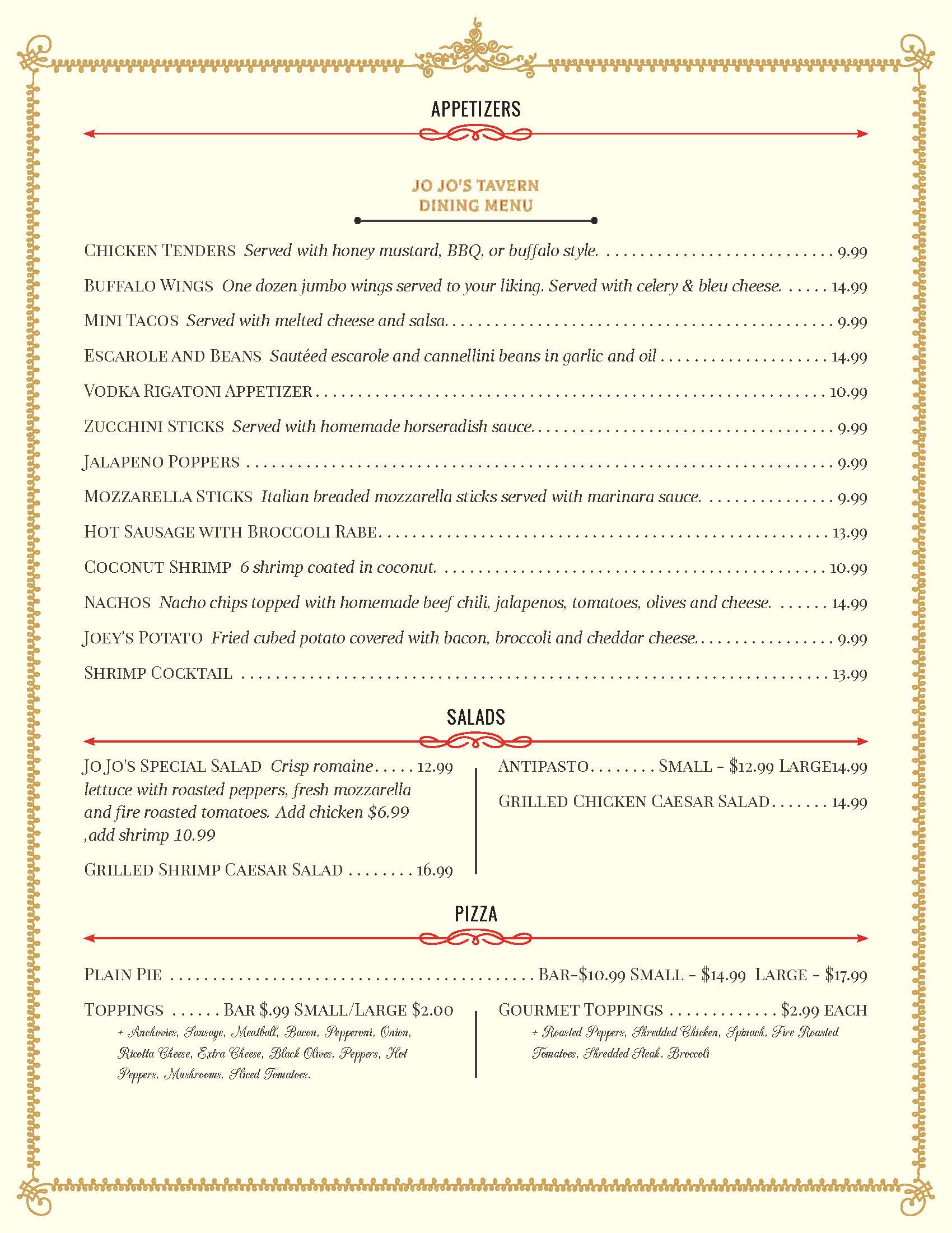 A restaurant menu displaying appetizers, salads, and pizzas with prices and descriptions of each dish, organized into sections with decorative borders.
