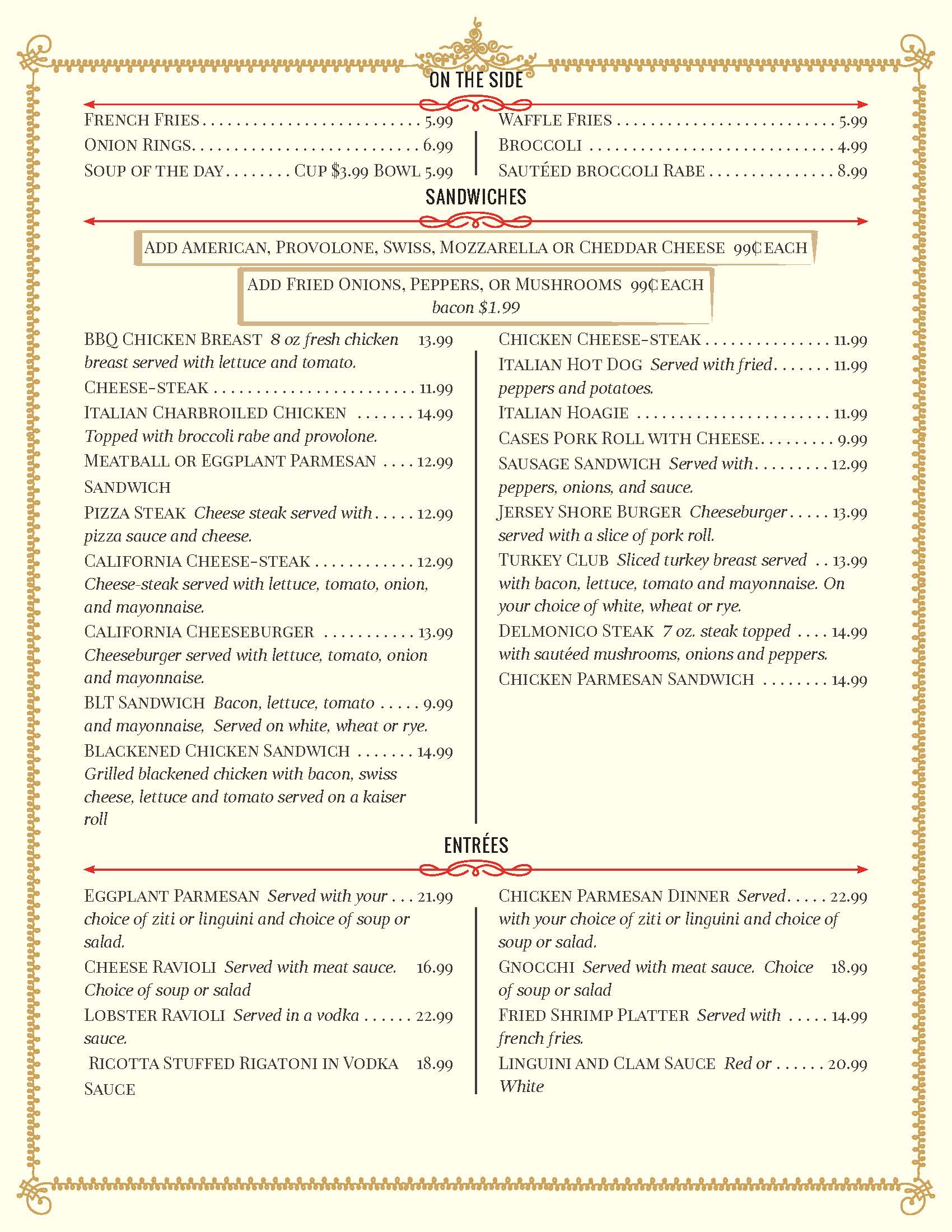 Menu page listing side dishes, sandwiches, and entrées with prices; sections are separated by decorative borders and include various American and Italian food options.