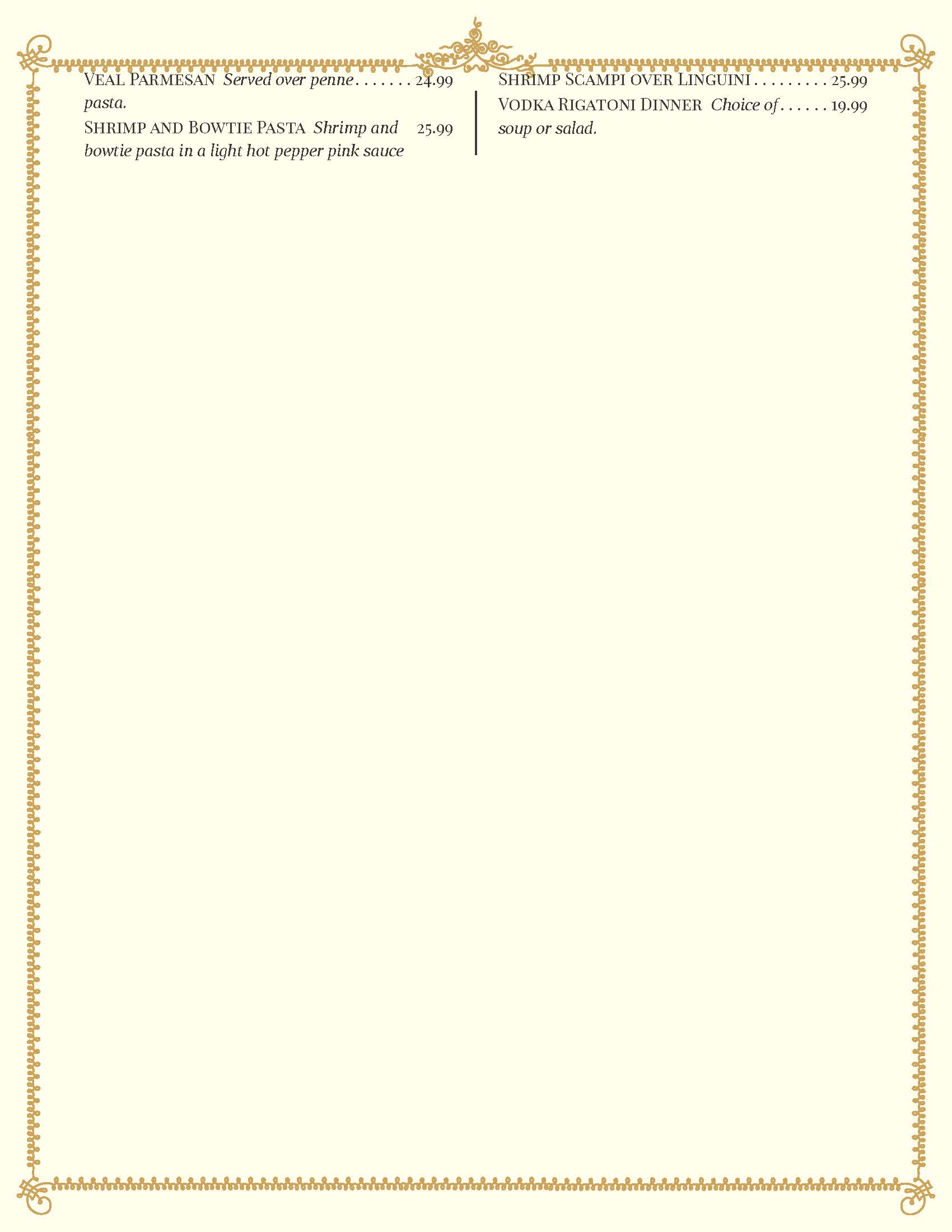 Menu section with ornate gold border featuring dishes: Veal Parmesan, Shrimp and Bowtie Pasta, Shrimp Scampi over Linguini, and Vodka Rigatoni Dinner with prices listed.