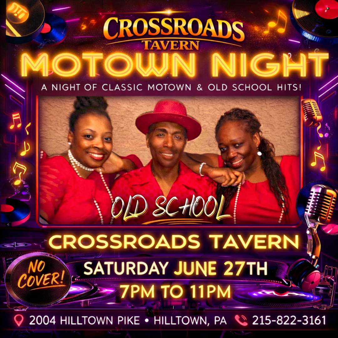 Three performers in red outfits pose together, promoting Crossroads Tavern's Motown Night event on Saturday, June 27th, from 7 PM to 11 PM in Hilltown, PA.