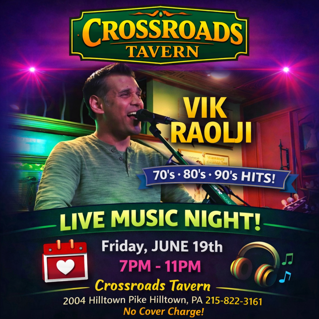 A man sings and plays guitar on stage at Crossroads Tavern, promoting a live music night featuring 70's, 80's, and 90's hits on Friday, June 19th from 7PM to 11PM.