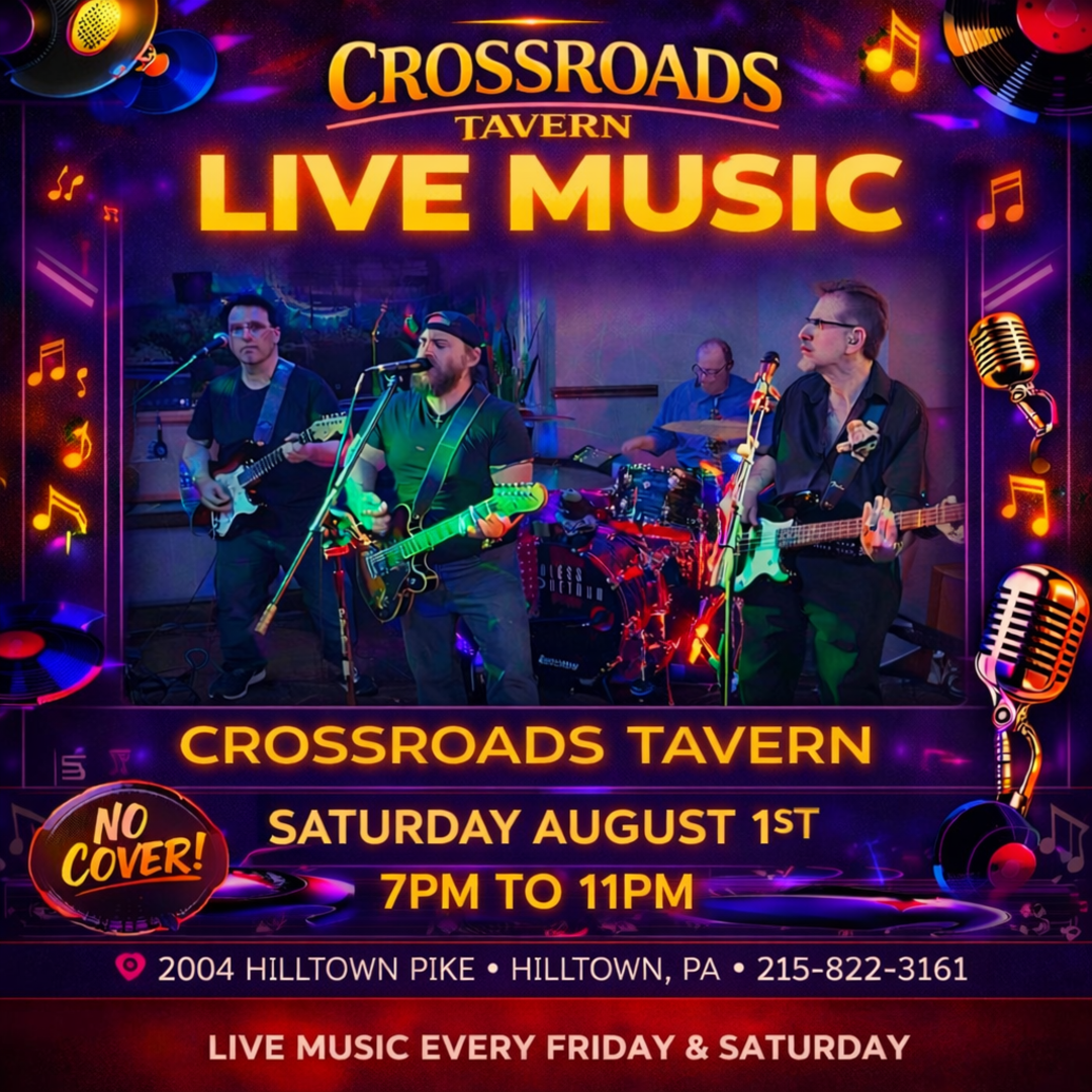 Four-member band performs live on stage at Crossroads Tavern, surrounded by musical graphics. Event details show live music on Saturday, August 1st, from 7PM to 11PM, with no cover charge.