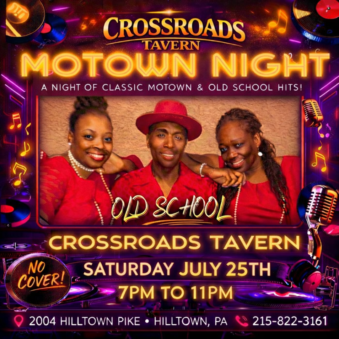 Three people in red outfits pose together, promoting "Motown Night" at Crossroads Tavern on Saturday, July 25th from 7-11 PM in Hilltown, PA. No cover charge.