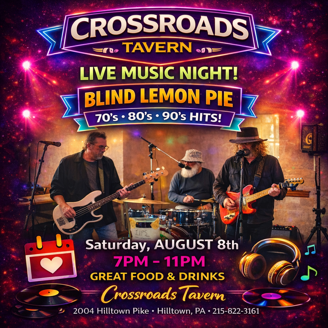 Three musicians perform on stage under colorful lights at Crossroads Tavern, promoting a live music night featuring 70’s-90’s hits. Event details and contact information are displayed.