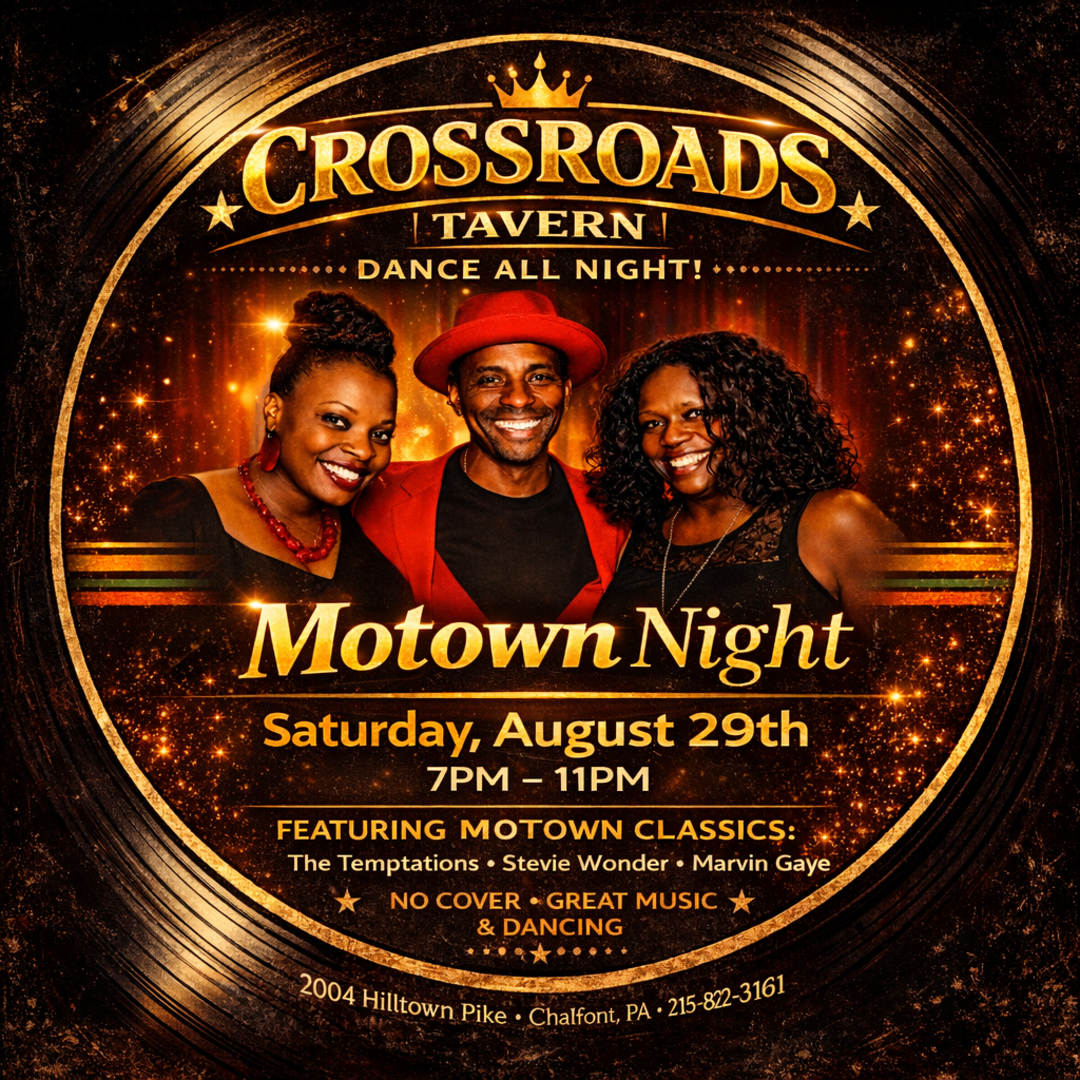 Three smiling people pose in front of a promotional poster for Motown Night at Crossroads Tavern, featuring Motown classics, on Saturday, August 29th from 7–11 PM.