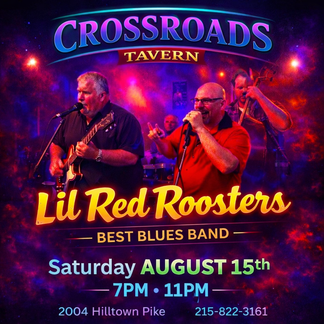 Two musicians perform on stage with guitars and microphones under colorful lights. Event details for Lil Red Roosters at Crossroads Tavern are displayed, including date, time, location, and contact info.