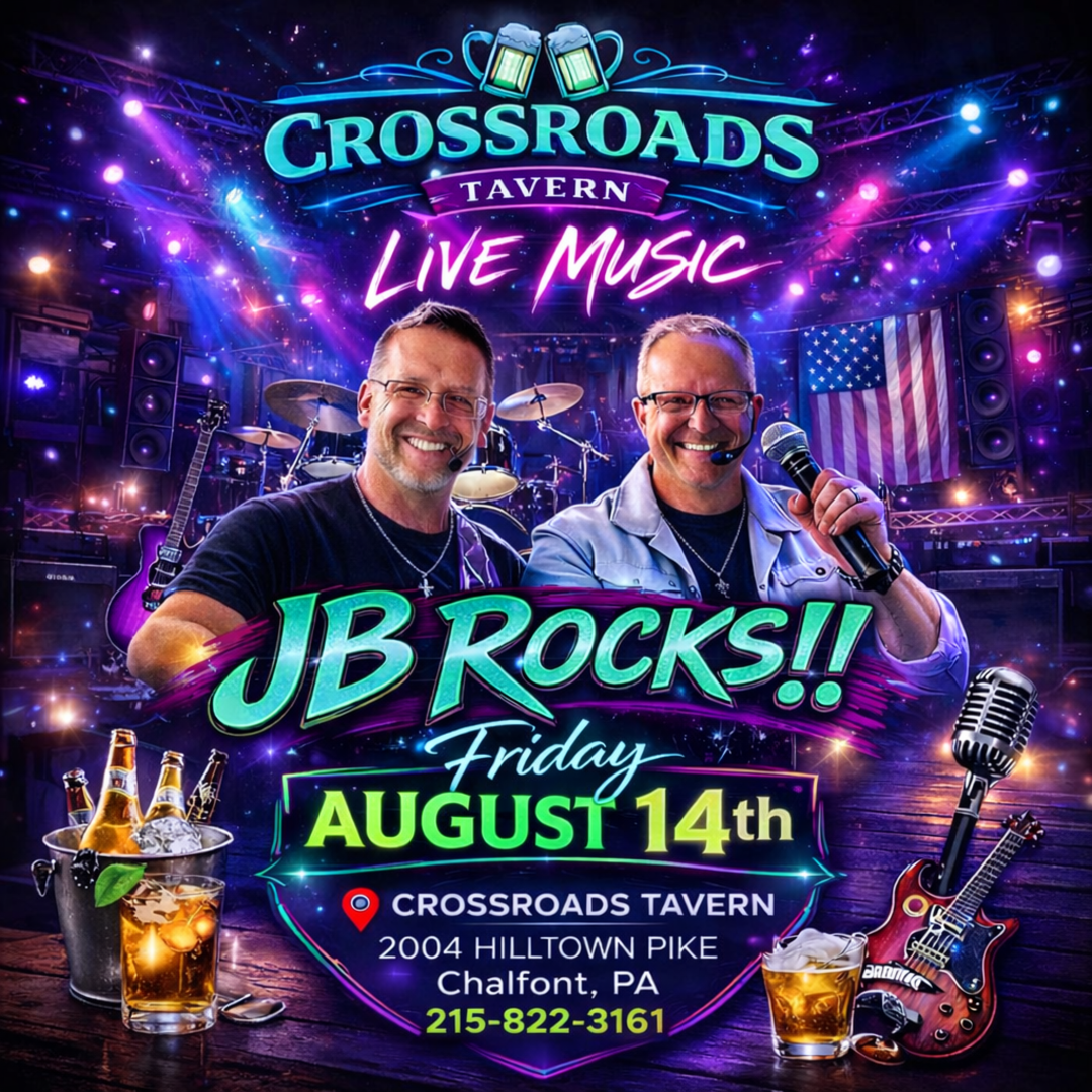Poster advertising live music by JB Rocks at Crossroads Tavern on Friday, August 14th, with images of two performers, drinks, instruments, and event details.