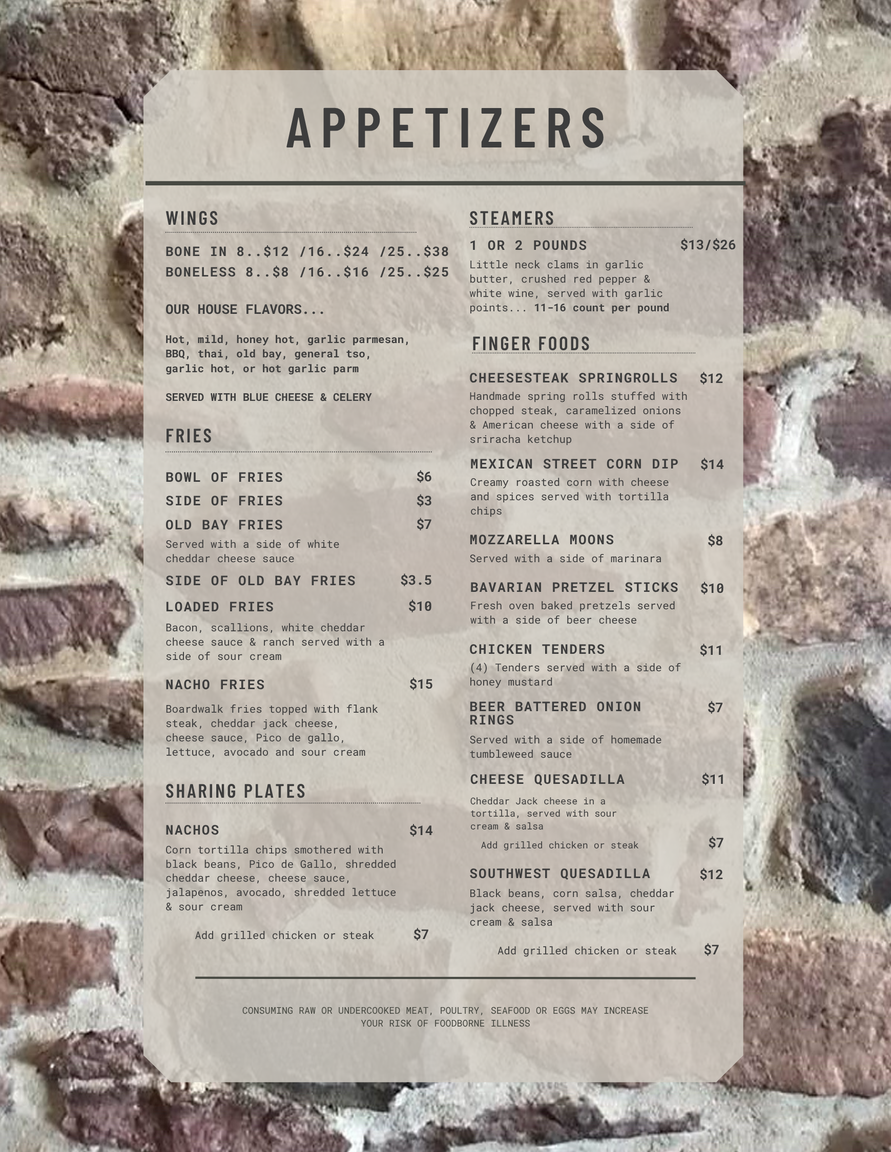 Menu titled "Appetizers" displayed on a stone background, listing items such as wings, fries, nachos, steamers, cheesesteak spring rolls, tacos, and onion rings with prices.