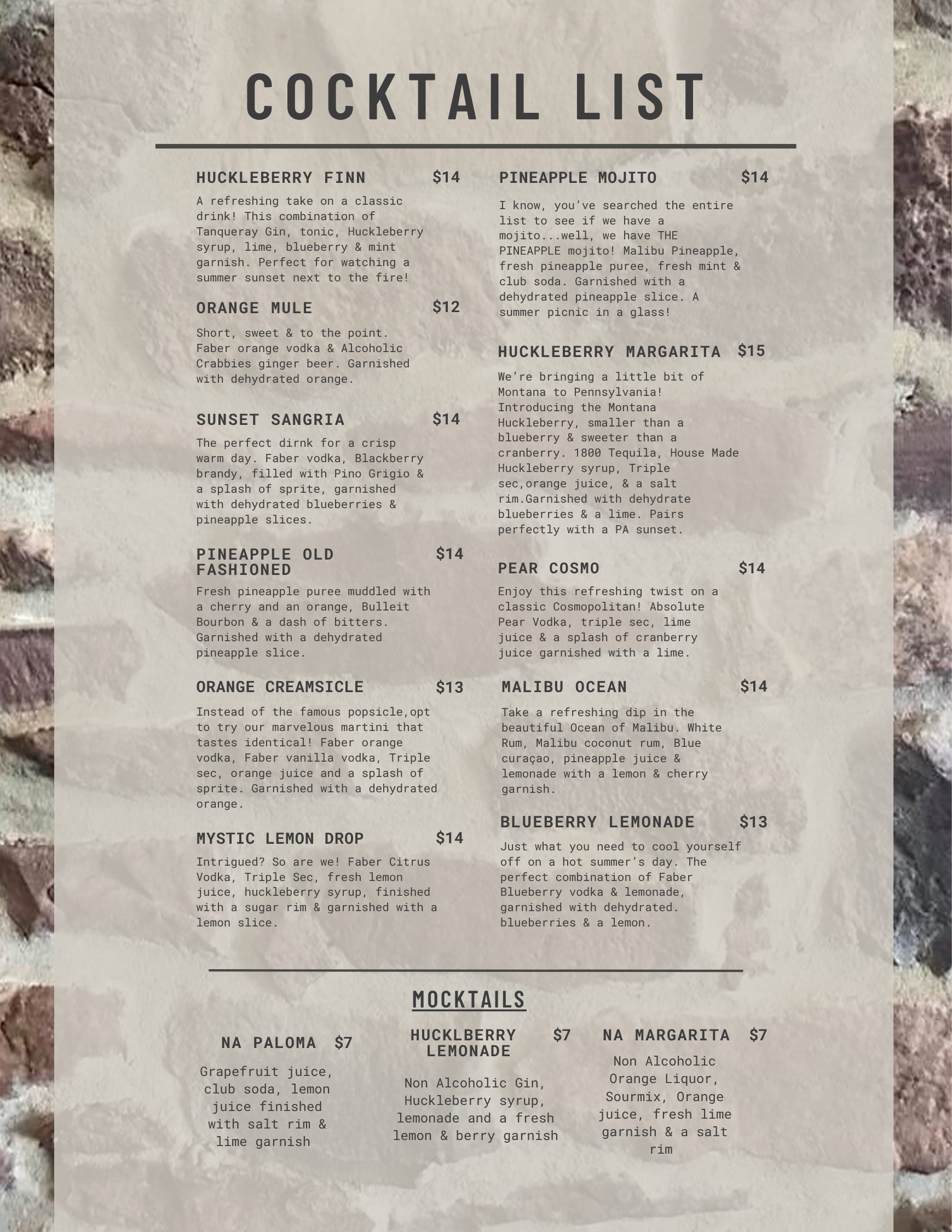 A printed cocktail list is displayed on a brick wall, featuring various cocktails and mocktails with names, descriptions, and prices.
