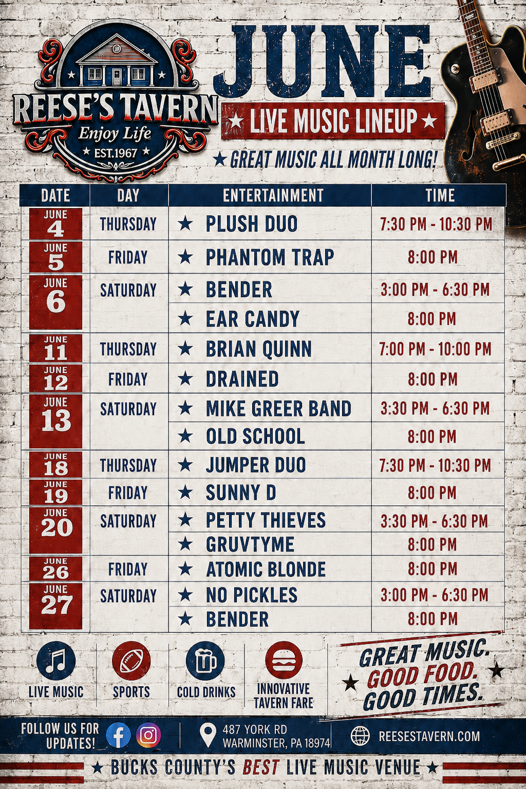 June live music schedule for Reese’s Tavern listing band names, performance dates, days, and times in a table format with promotional text and graphics around the borders.