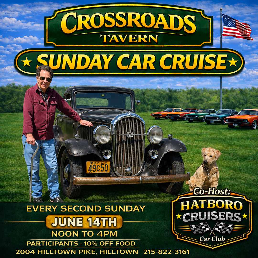 A man stands beside a vintage car on grass with classic cars in the background for Crossroads Tavern Sunday Car Cruise, co-hosted by Hatboro Cruisers, on June 14th, noon to 4pm.