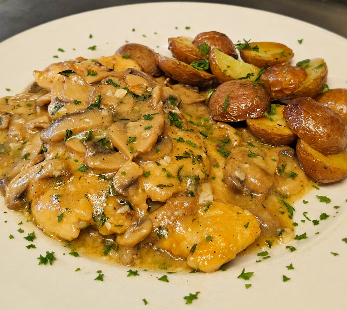 Chicken breast in a creamy mushroom sauce garnished with parsley, served with roasted baby potatoes on a white plate.