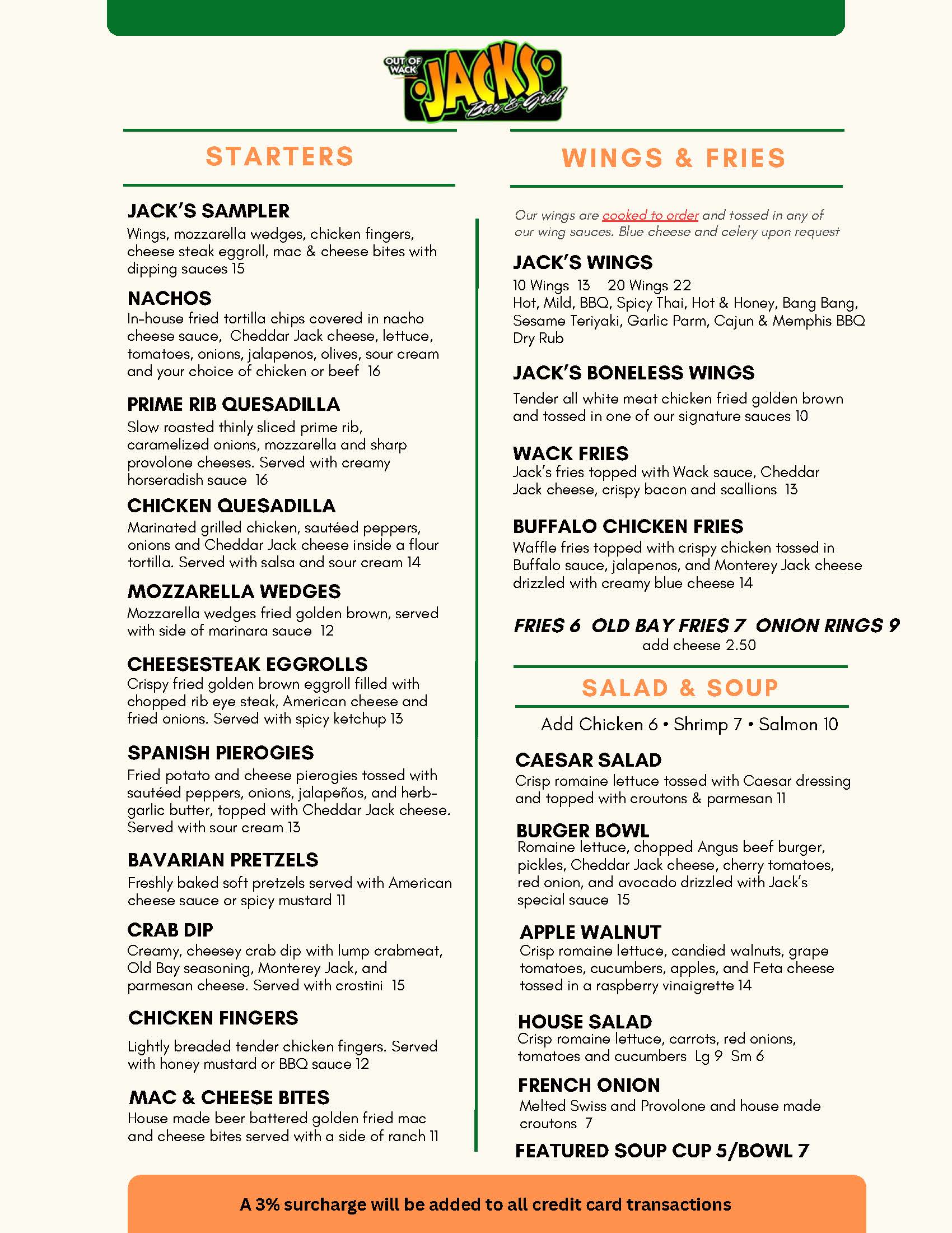 Menu featuring starters like nachos, quesadillas, and mozzarella wedges on the left, and wings, fries, and salads on the right, with a surcharge notice at the bottom.