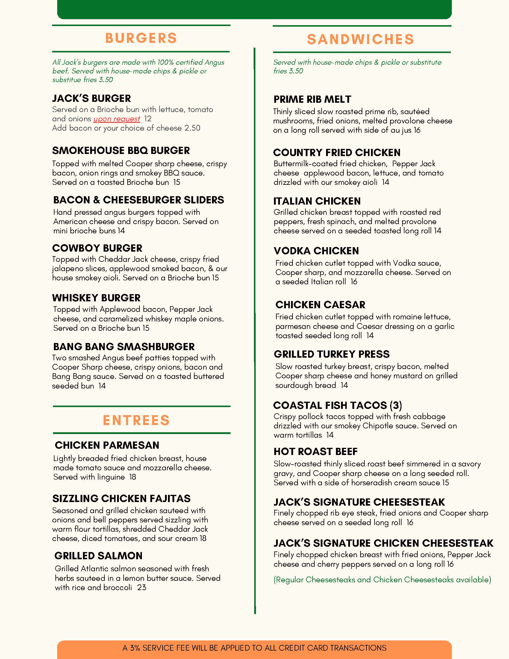 Menu page displaying burger and sandwich options with descriptions, including ingredient lists and add-on choices. A note at the bottom mentions a 3% service fee for all credit card transactions.