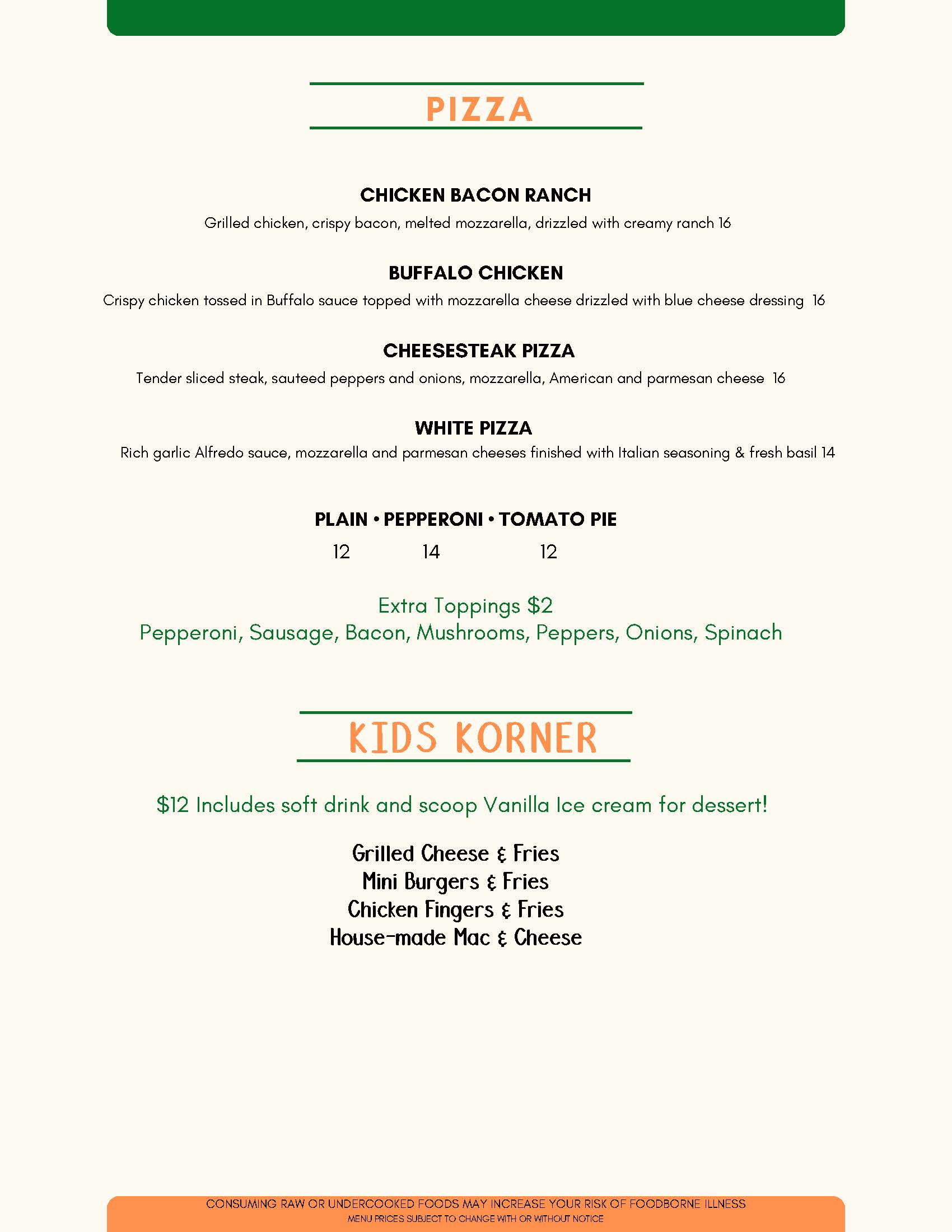 Menu displaying pizza options such as chicken bacon ranch, buffalo chicken, cheesesteak, white pizza, and a Kids Korner section with kids' meals and included dessert.