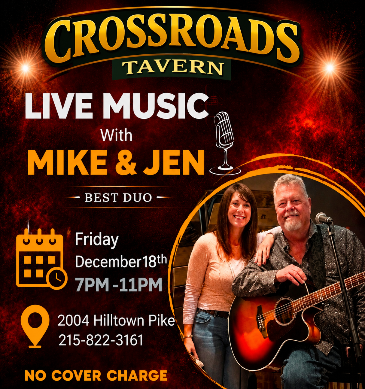 Poster for Crossroads Tavern live music event featuring Mike and Jen on Friday, December 18th, 7-11 PM, with location and contact info included; "No cover charge" is stated.