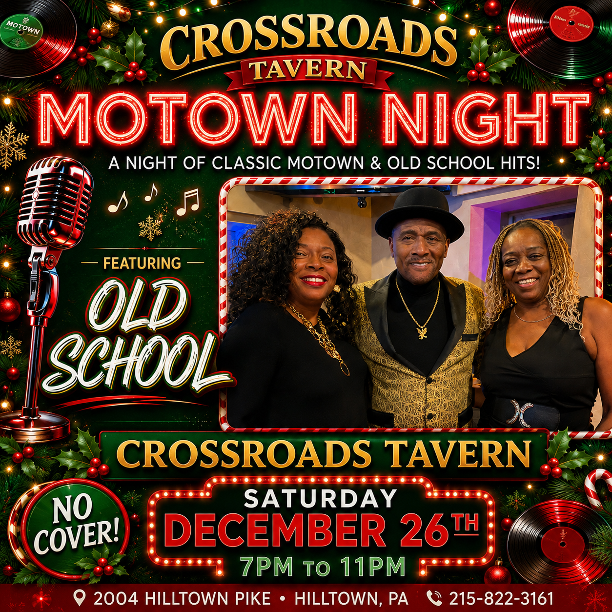 Three people pose together at Crossroads Tavern's Motown Night event poster, promoting an evening of classic Motown and old school hits on Saturday, December 26th from 7–11 pm.