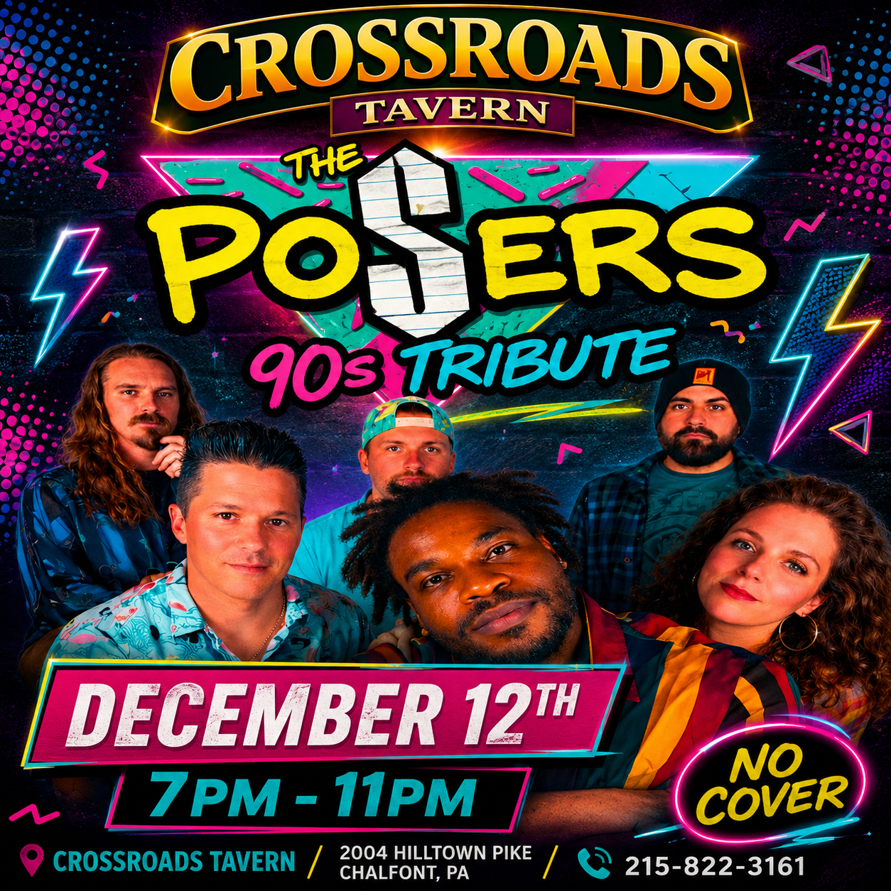 Poster for The Posers 90s Tribute at Crossroads Tavern, December 12th, 7-11pm, no cover. Six people are pictured with event details, lightning graphics, and bright colors.