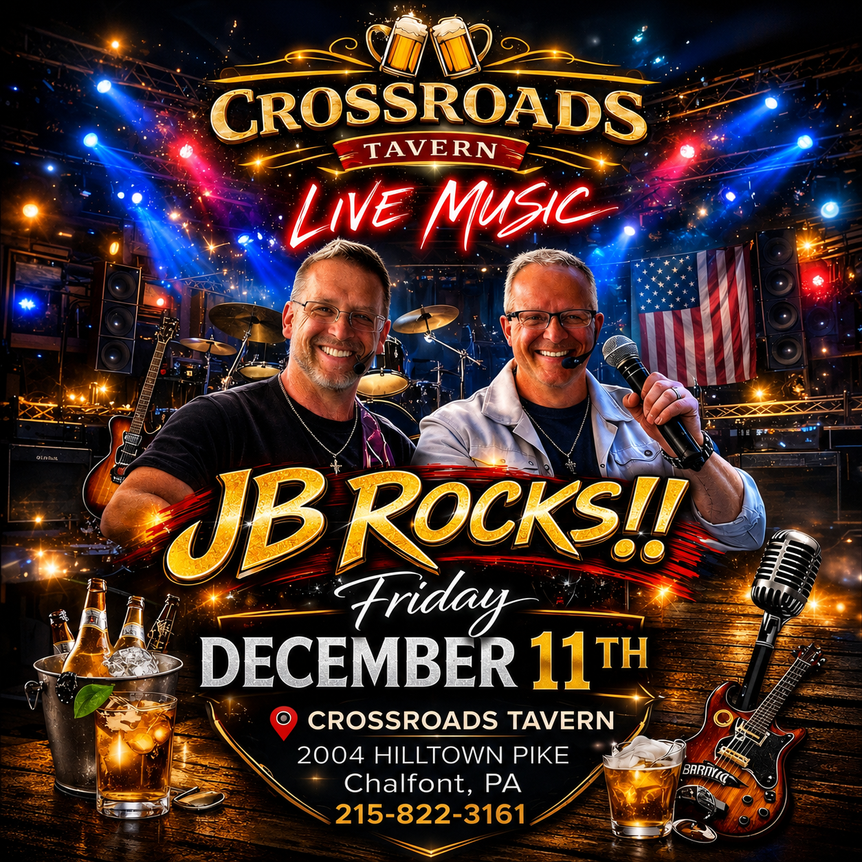 Poster for JB Rocks live music at Crossroads Tavern, Chalfont, PA, on Friday, December 11th, featuring two men, musical instruments, drinks, and event details.