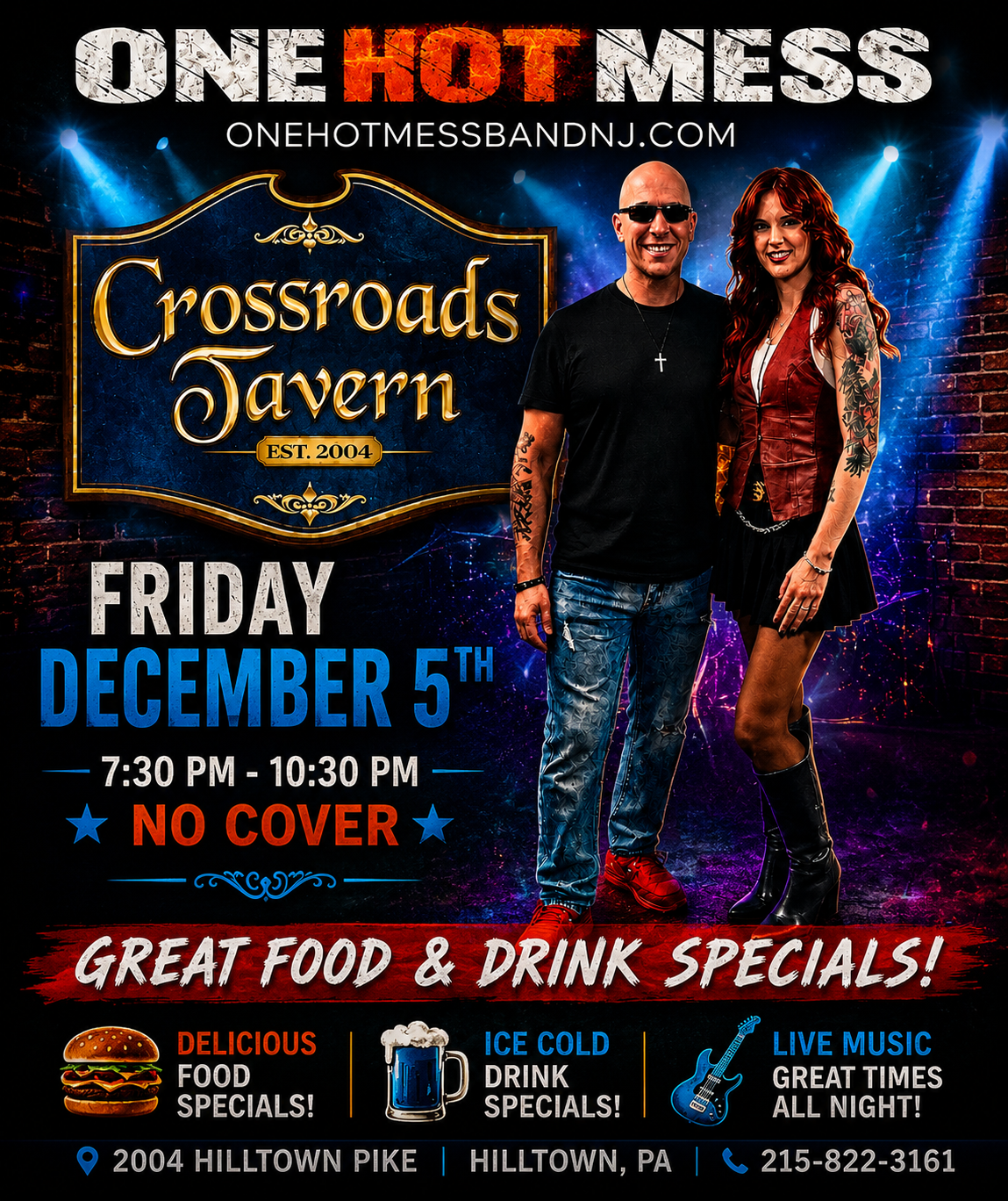 Poster advertising a live music event by One Hot Mess at Crossroads Tavern on December 5th, with food, drinks, and specials; includes event time, location, and contact info.