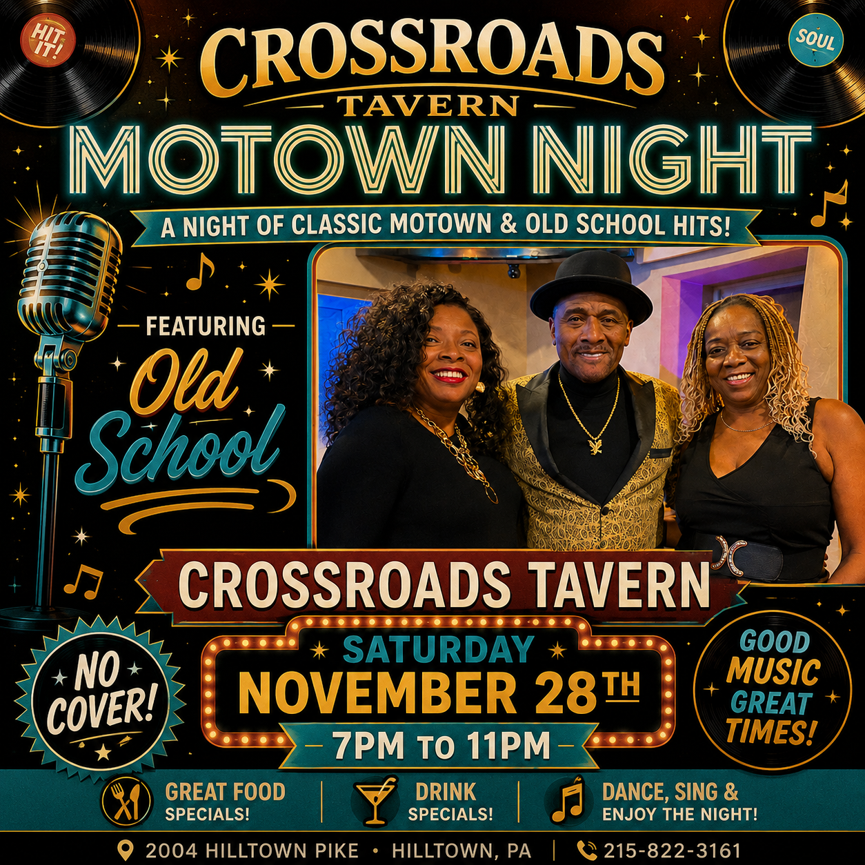 Promotional poster for Crossroads Tavern Motown Night on Saturday, November 28th, 7-11pm, featuring classic Motown hits, with three people posing and event details listed.