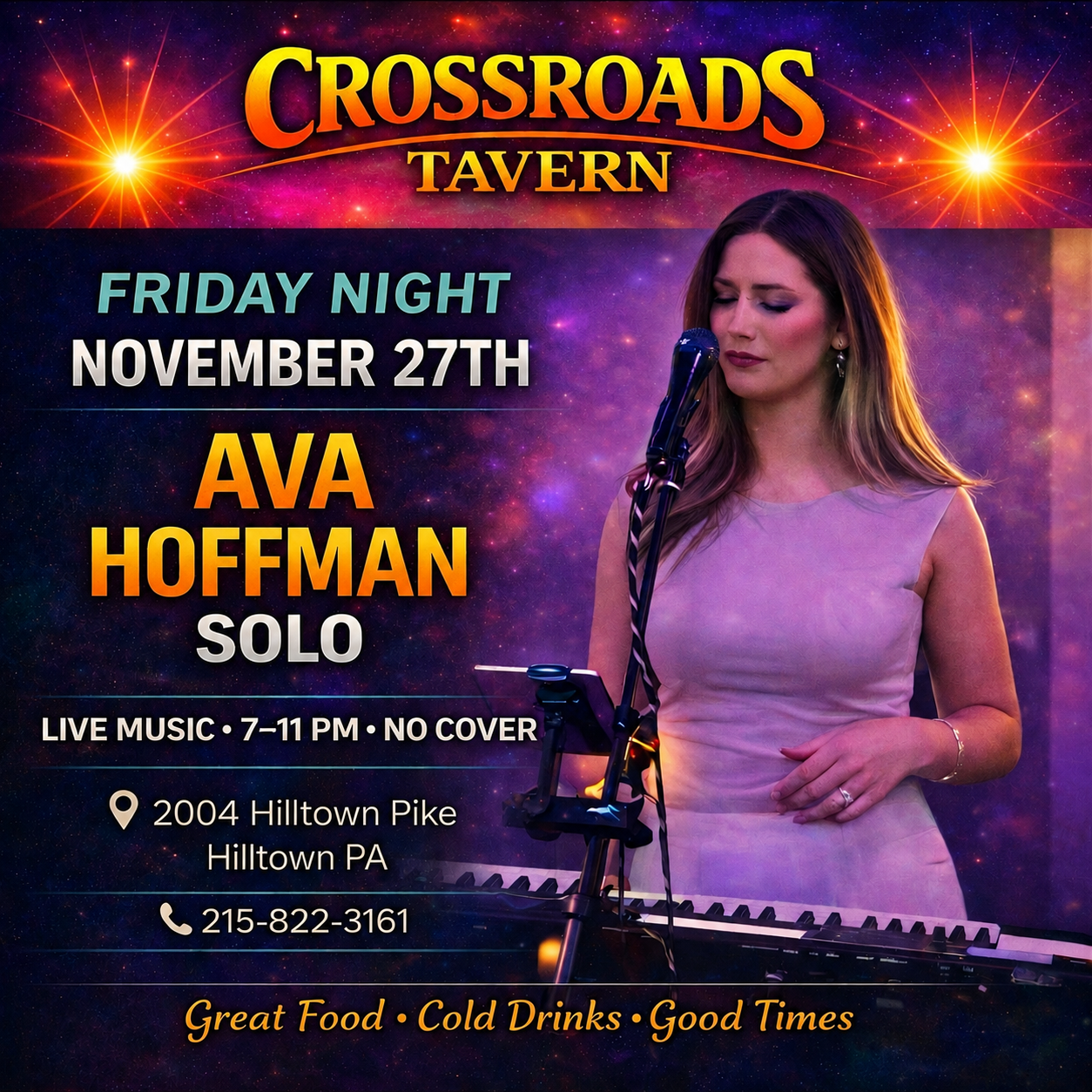 Woman playing keyboard and singing on stage at Crossroads Tavern event featuring Ava Hoffman, Friday, November 27, 7–11 PM, in Hilltown, PA. Live music, no cover, food and drinks.