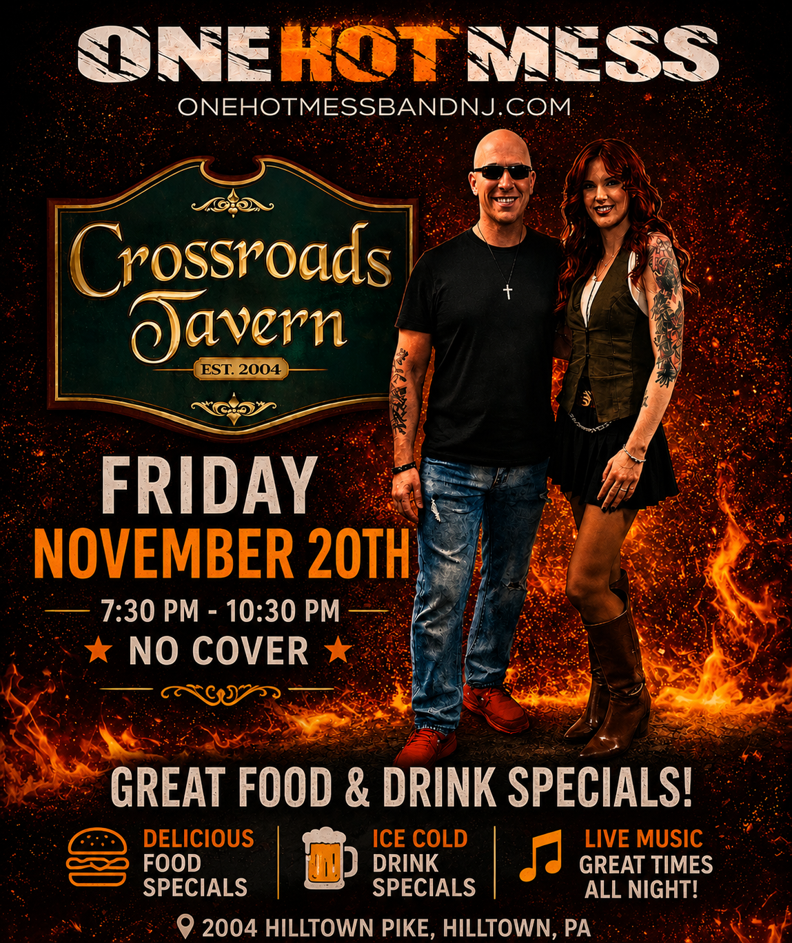 Two people stand in front of a Crossroads Tavern sign on a fiery-themed poster for a live band event, featuring food and drink specials, on Friday, November 20th from 7:30 to 10:30 PM.
