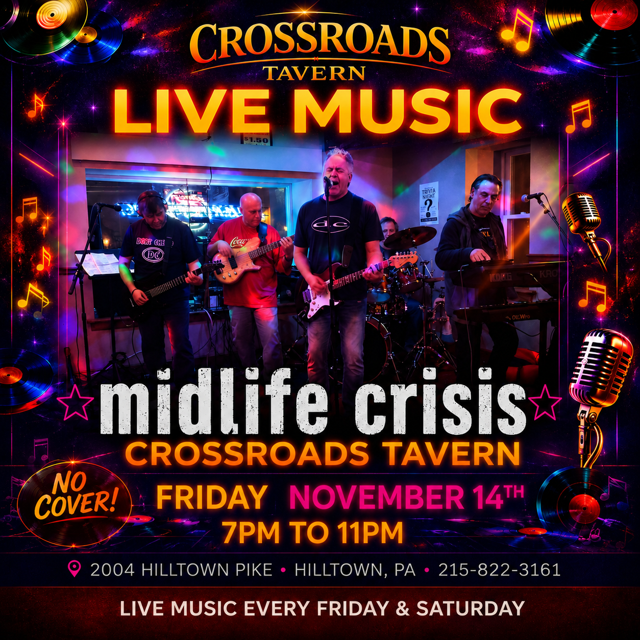 Four-member band performs live on stage at Crossroads Tavern. Event details and promotional graphics are displayed around the band.