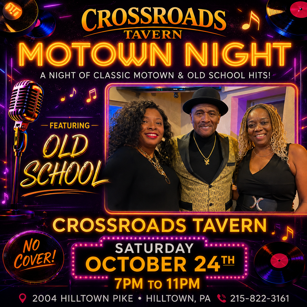 Promotional poster for Motown Night at Crossroads Tavern, featuring three people posing, event date October 24th, 7-11PM, at 2004 Hilltown Pike, Hilltown, PA. No cover charge.