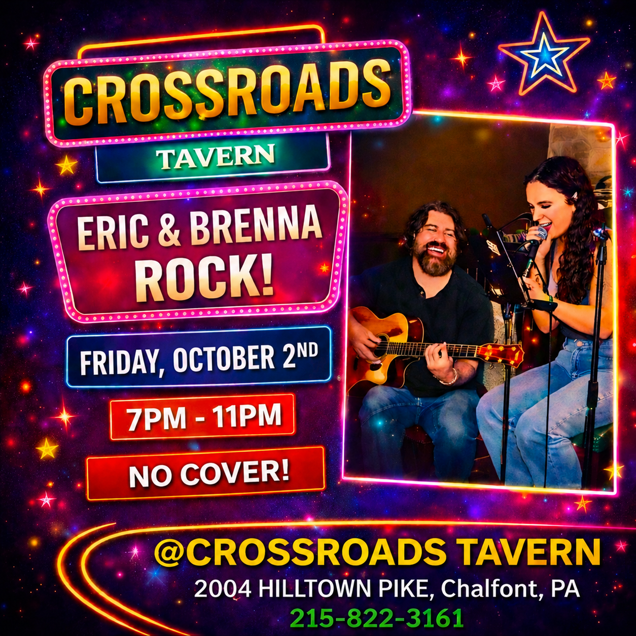 Two musicians perform on stage at Crossroads Tavern. Event details: Eric & Brenna Rock, Friday, October 2nd, 7-11pm, no cover, 2004 Hilltown Pike, Chalfont, PA, phone 215-822-3161.