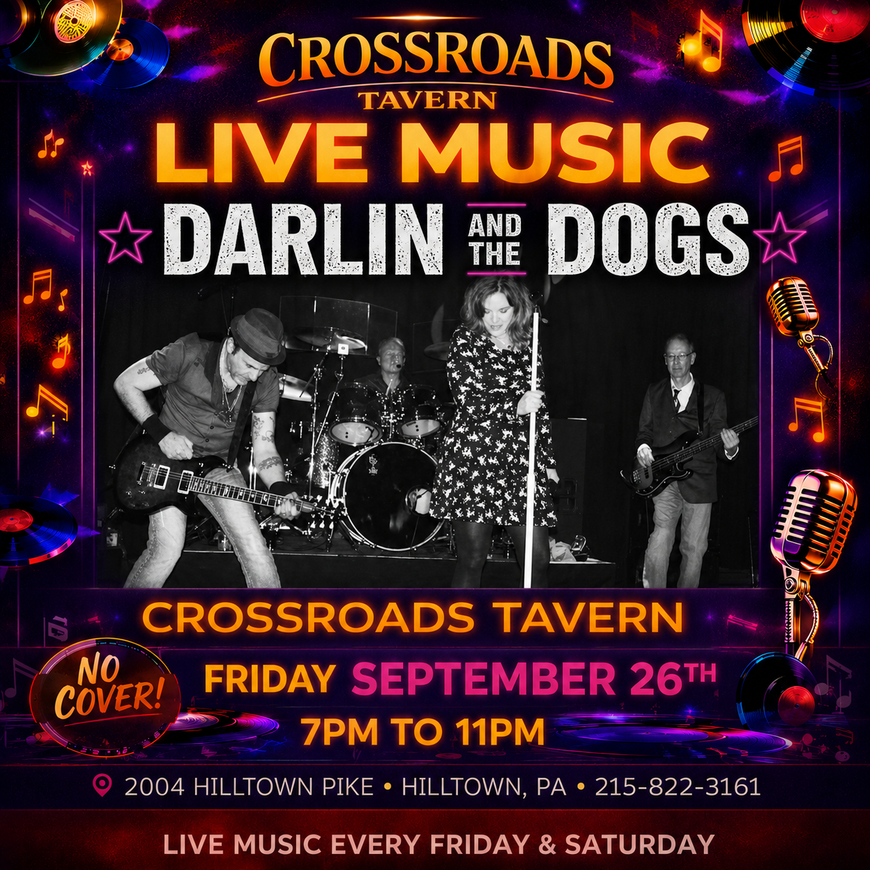 Band Darlin and the Dogs performing on stage under bright lights; event details for live music at Crossroads Tavern, Friday September 26th, 7-11pm.