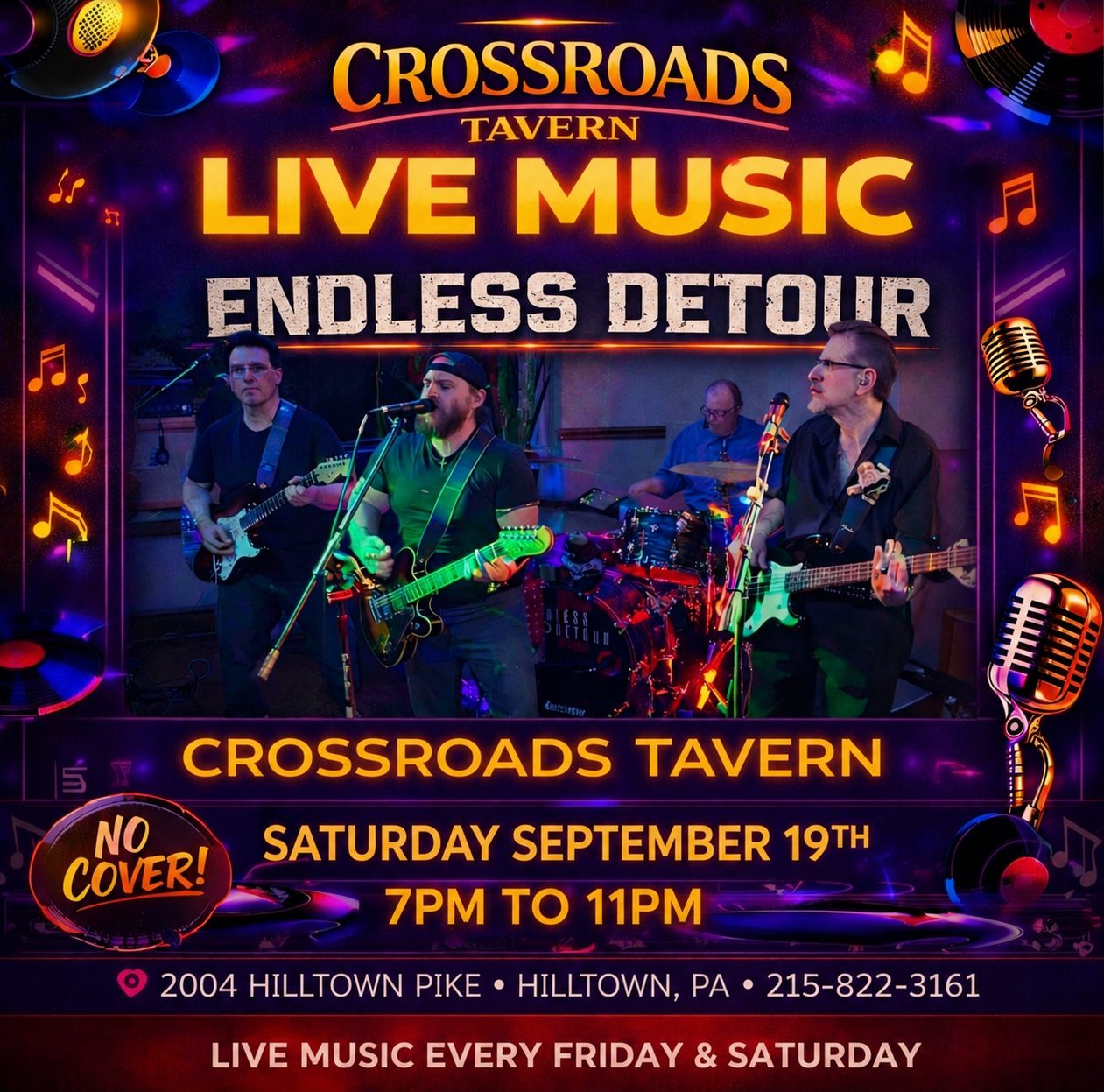 Four-member band performing live on stage with instruments under colorful lights; text promotes "Endless Detour" at Crossroads Tavern, Saturday, September 19th, 7–11 PM, no cover charge.