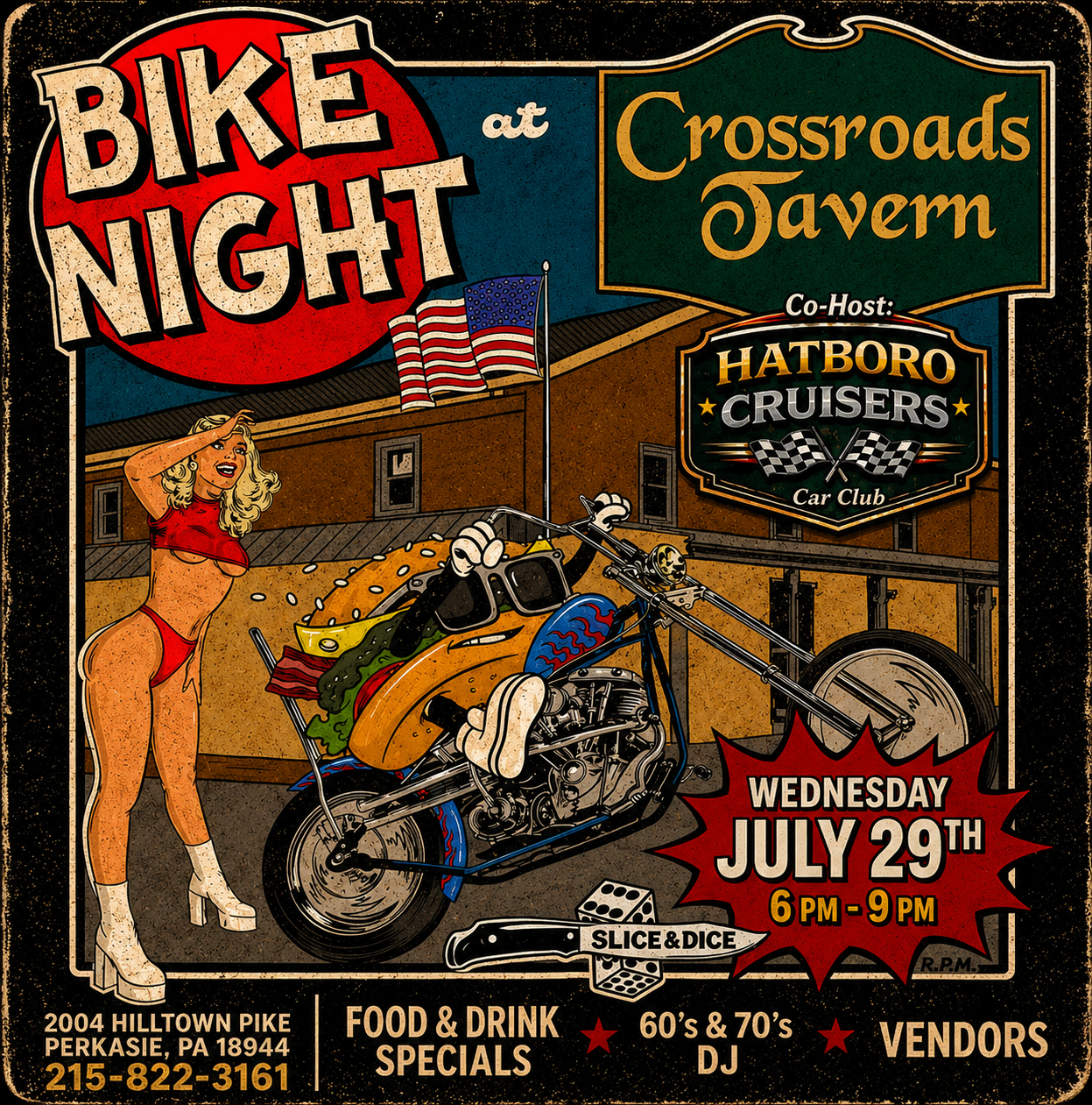 Vintage-style poster for "Bike Night" at Crossroads Tavern, featuring a motorcycle, a woman in retro attire, and event details for July 29th from 6-9 PM with food, drinks, music, and vendors.
