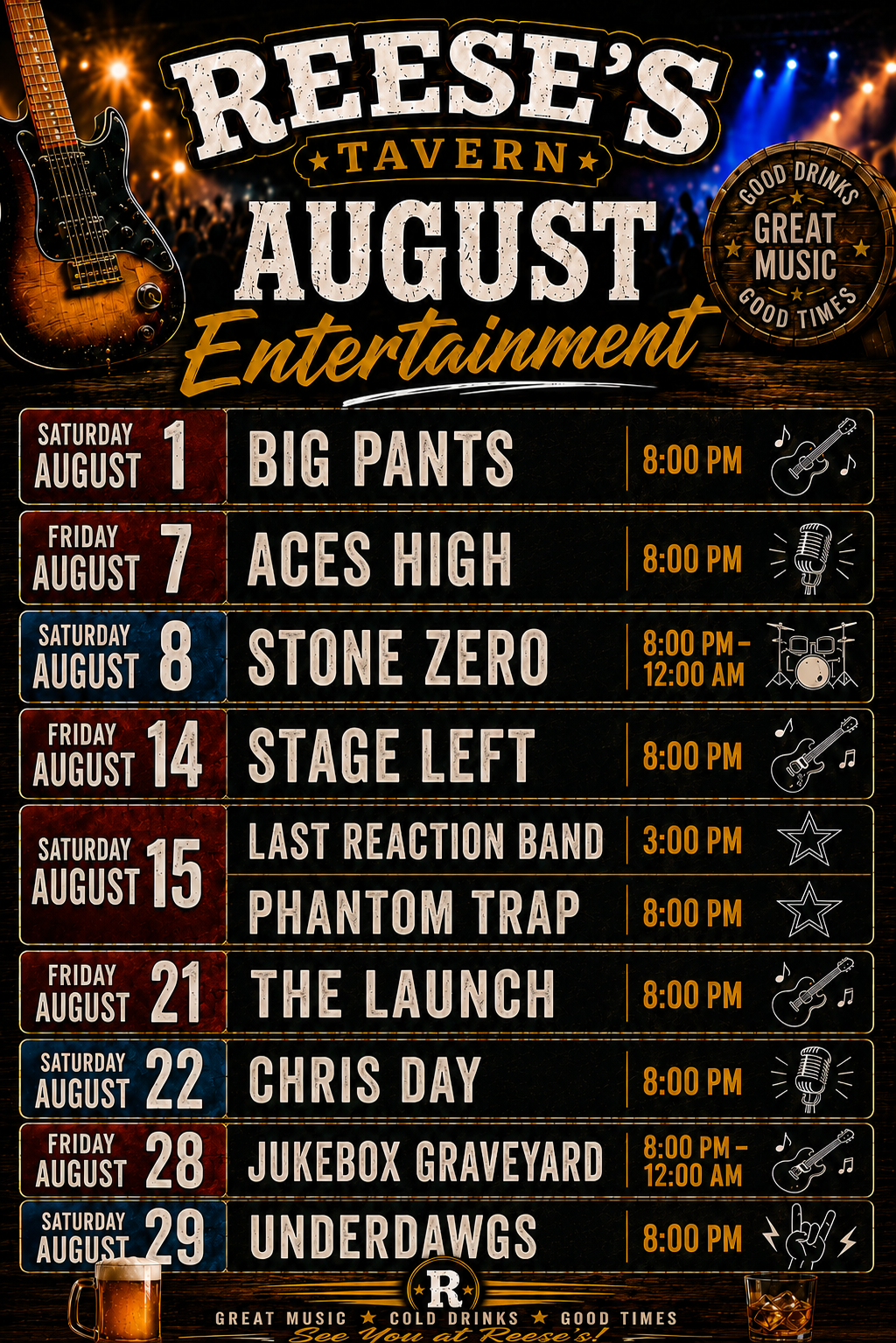 Poster for Reese's Tavern August entertainment, listing bands and dates: Big Pants, Aces High, Stone Zero, Stage Left, Last Reaction Band, Phantom Trap, The Launch, Chris Day, Jukebox Graveyard, Underdawgs.