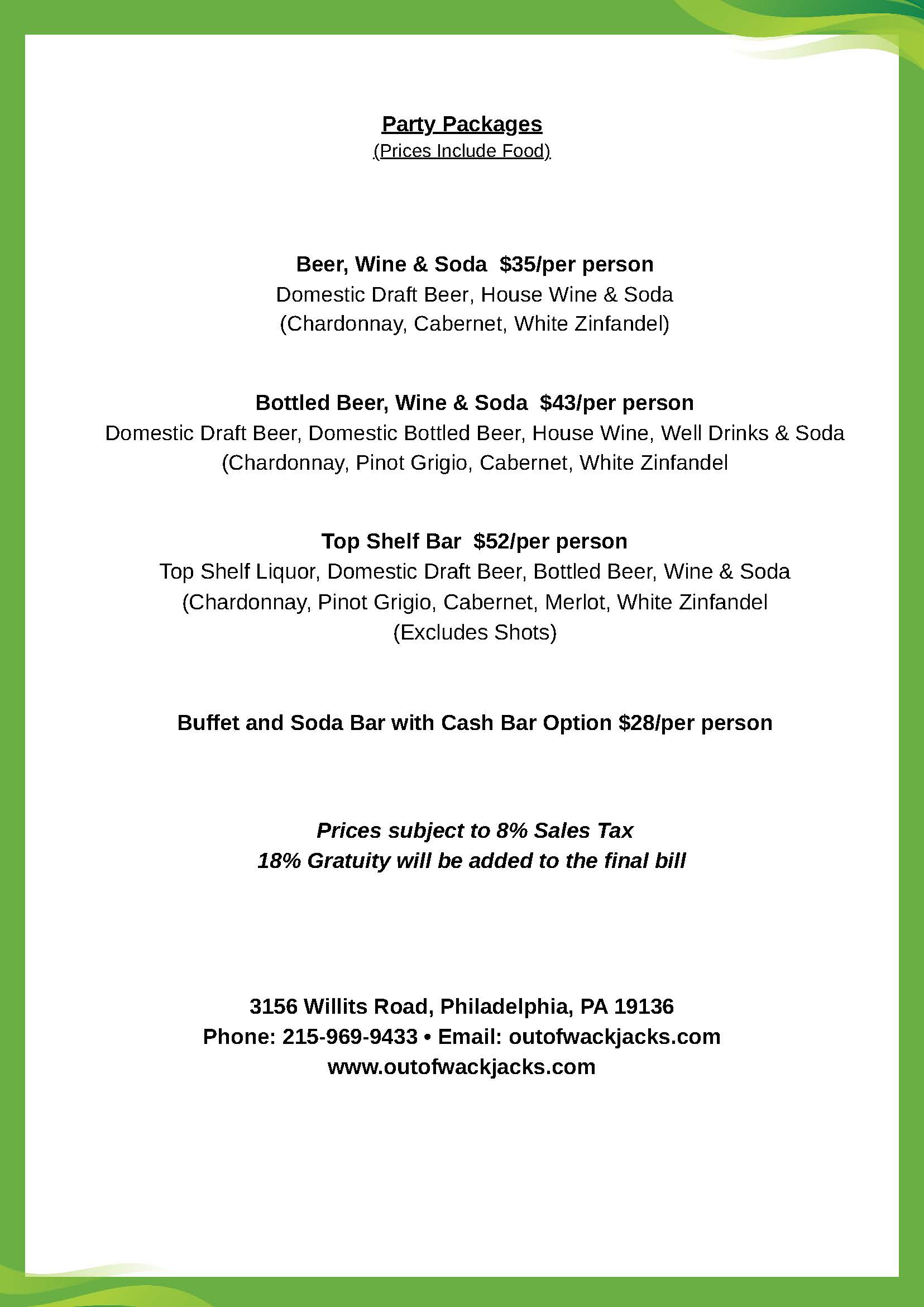 A party packages menu listing beer, wine, and soda options with prices per person, buffet and cash bar info, location, contact details, tax, and gratuity notes.