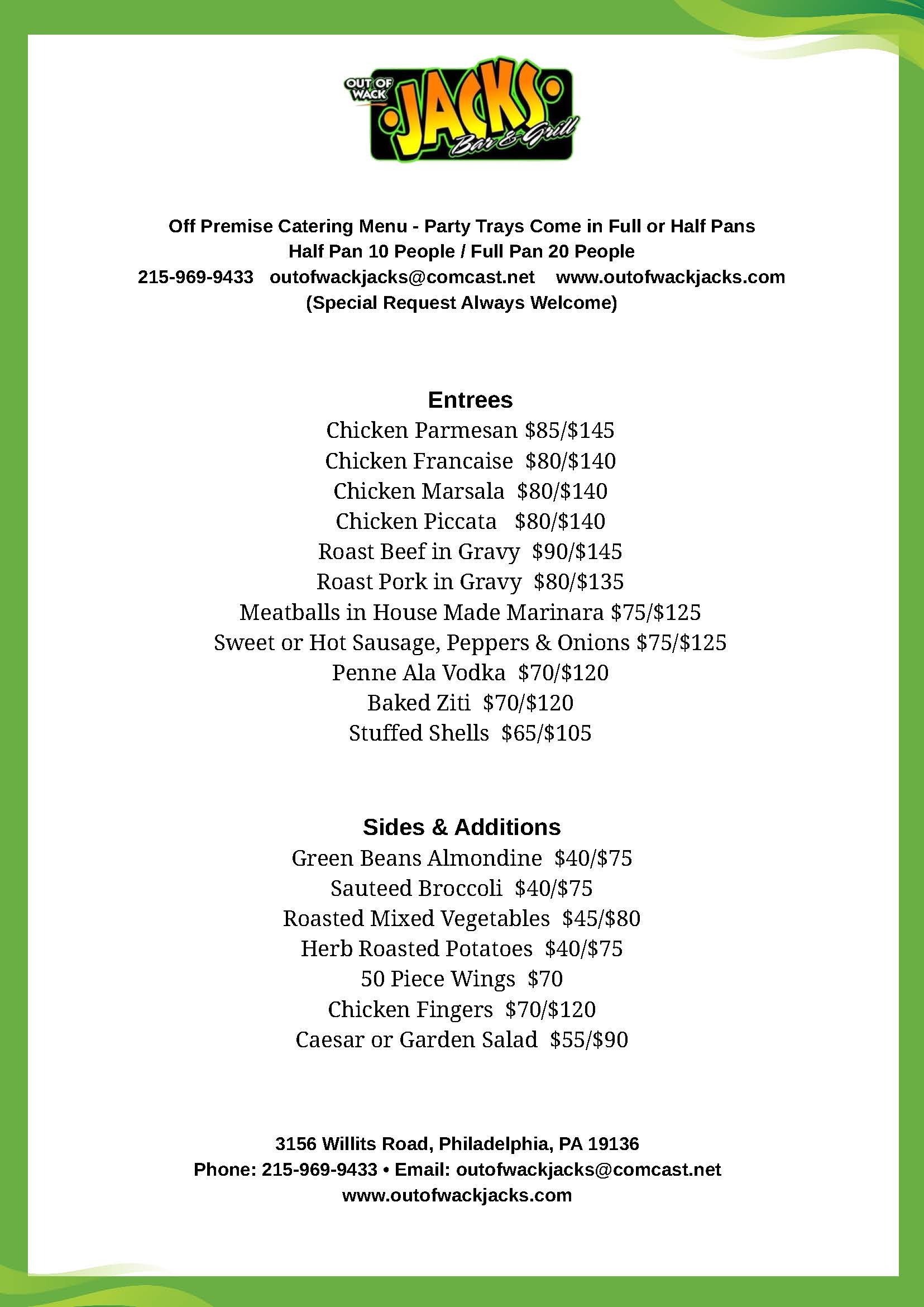 Catering menu featuring entree and side options with prices for full and half pans, contact details, and restaurant logo at the top.