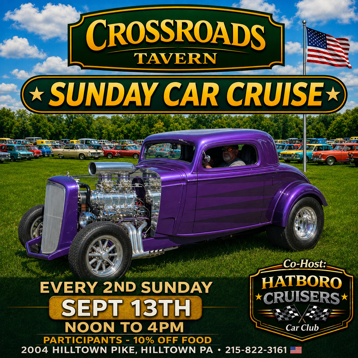 A purple classic hot rod car parked on grass at a car show, with colorful vintage cars and event banners in the background.
