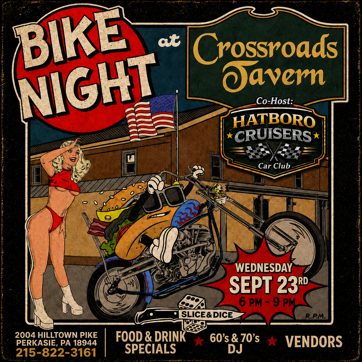 Vintage-style poster for Bike Night at Crossroads Tavern, co-hosted by Hatboro Cruisers, featuring a pin-up woman, a motorcycle, and event details for Wednesday, September 23rd, 6–9 PM.