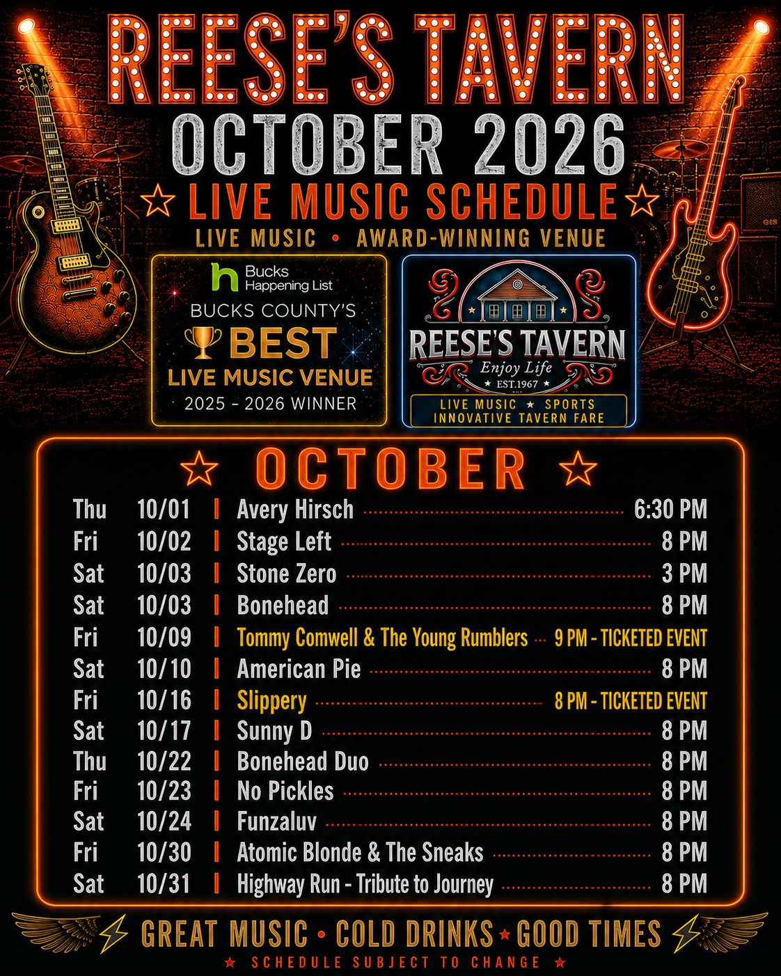 Live music schedule for Reese’s Tavern in October 2026, listing bands, dates, and times, with highlighted ticketed events and a note that the schedule is subject to change.