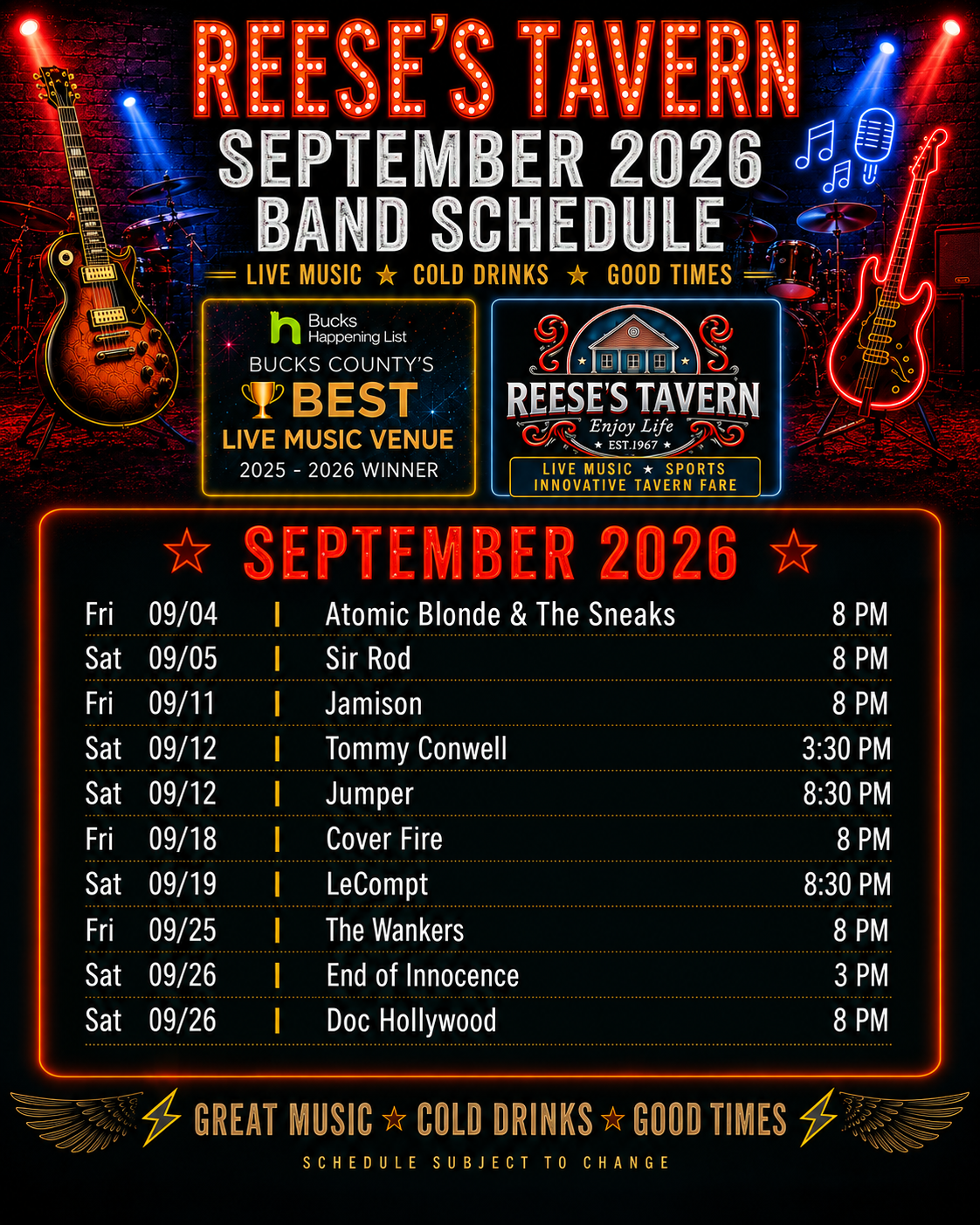 September 2026 band schedule for Reese’s Tavern with dates and times for live music acts, including Atomic Blonde & The Sneaks, Jamison, Tommy Conwell, LeCompt, The Hooligans, Doc Walker, and more.