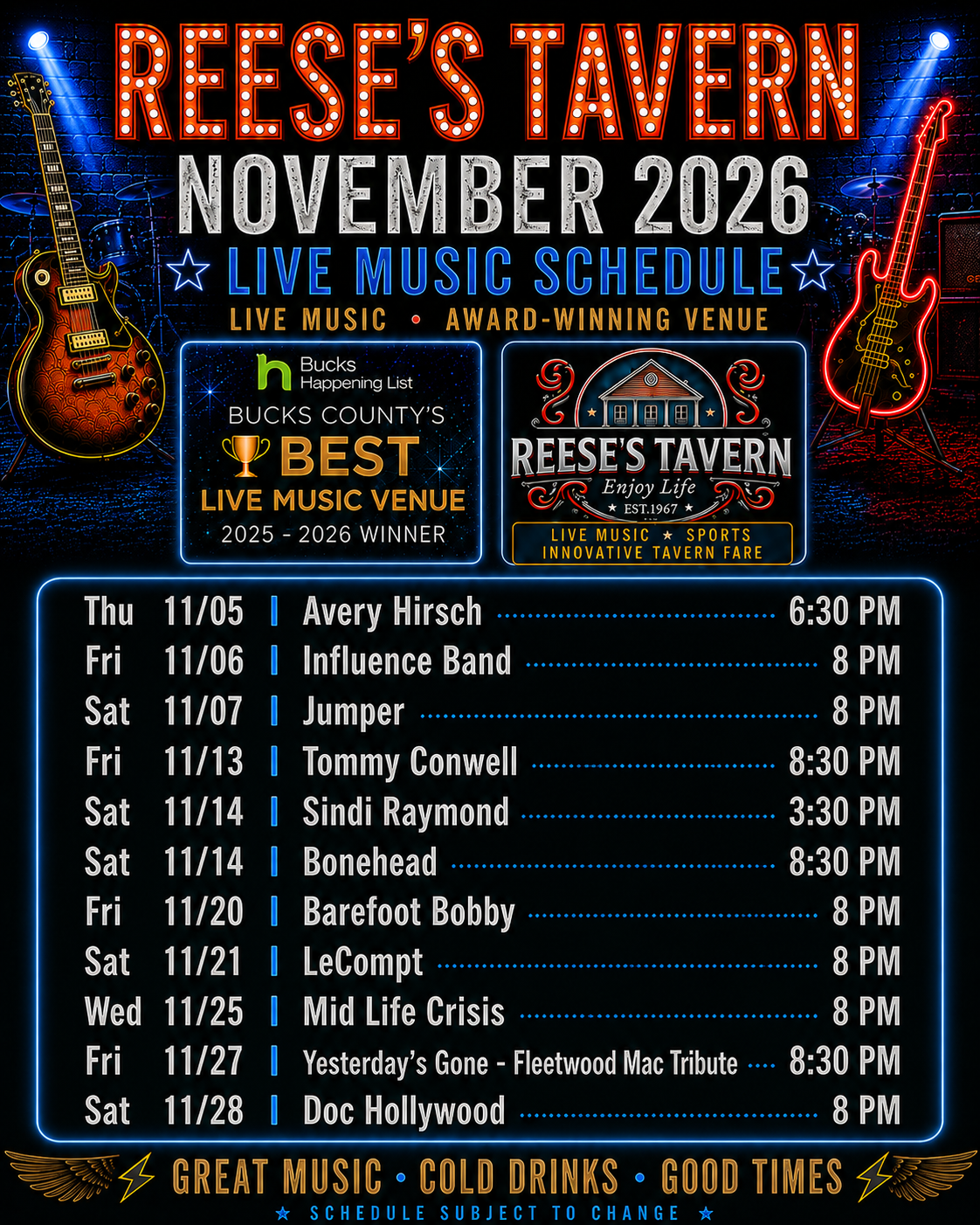 Reese’s Tavern November 2026 live music schedule poster featuring band performance dates and times, electric guitars, neon lighting, and venue awards.