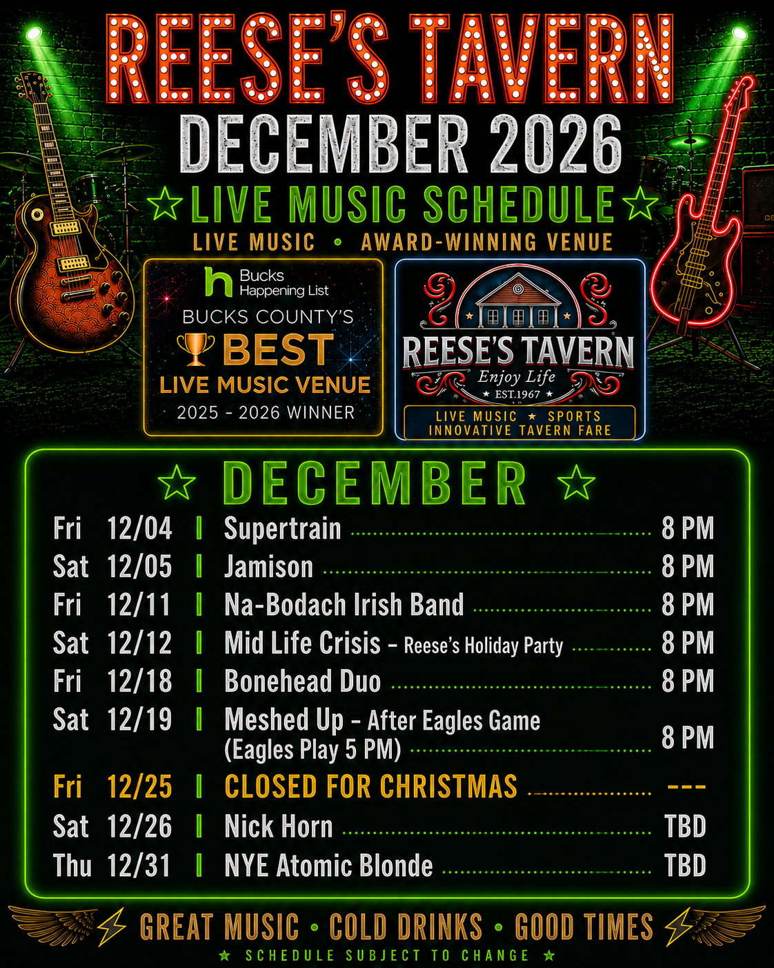 Poster for Reese’s Tavern December 2026 live music schedule, listing band names, dates, and times; includes venue awards and holiday notes.