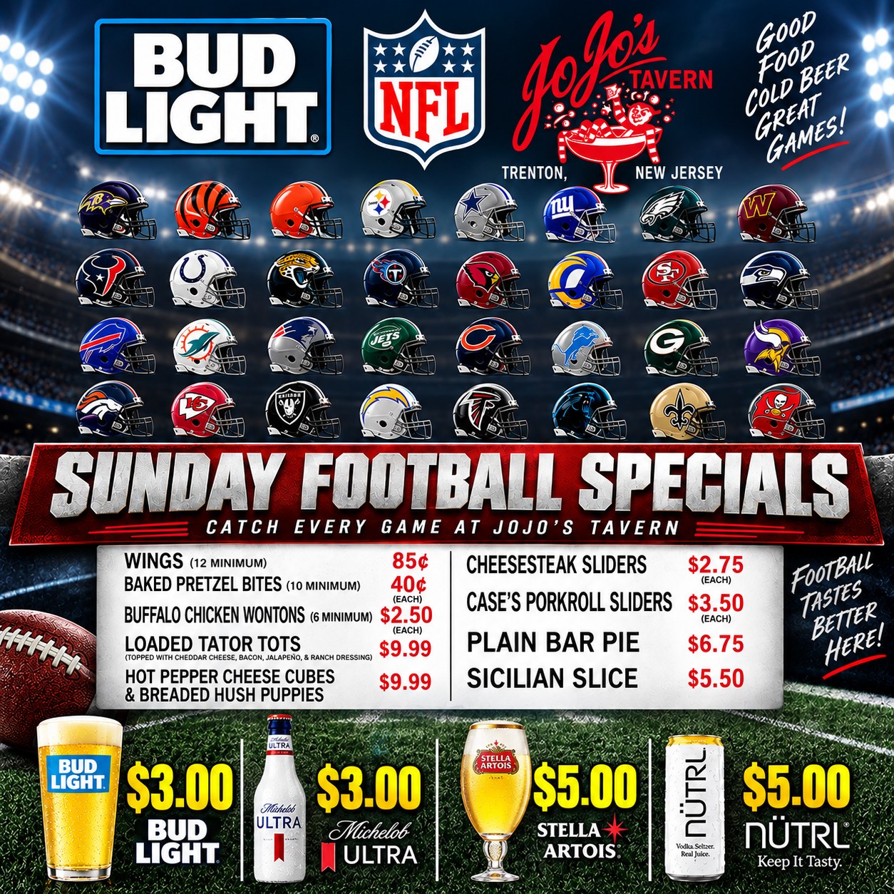 Football team helmets displayed above a menu board showing Sunday football food and drink specials at JoJo’s Tavern in Trenton, New Jersey. Bud Light and NFL logos are featured.