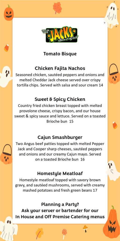 Jacks Bar & Grill menu featuring tomato bisque, chicken fajita nachos, sweet & spicy chicken, Cajun smashburger, and homestyle meatloaf.