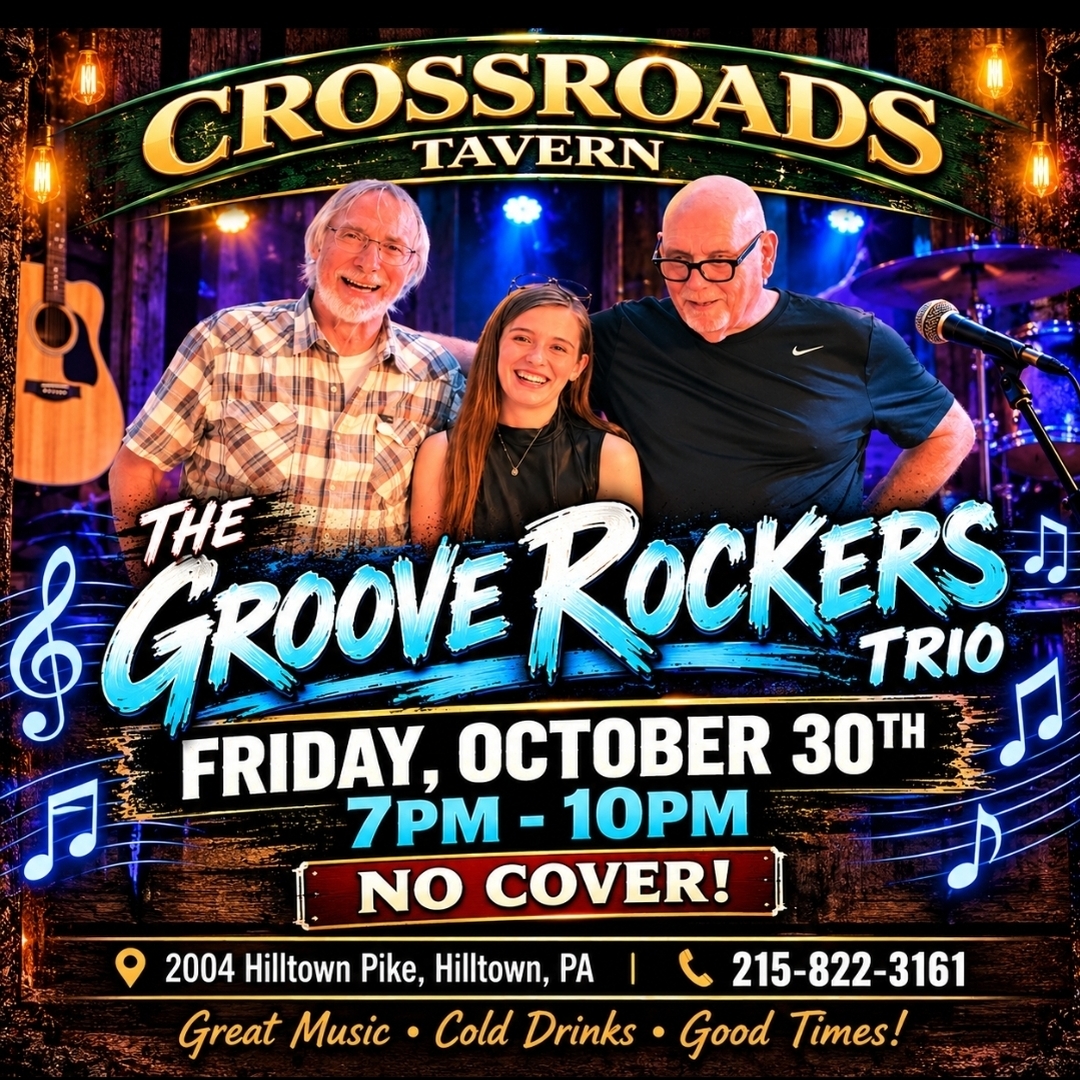 Poster for The Groove Rockers Trio at Crossroads Tavern on Friday, October 30th from 7pm to 10pm, featuring a photo of the band members.