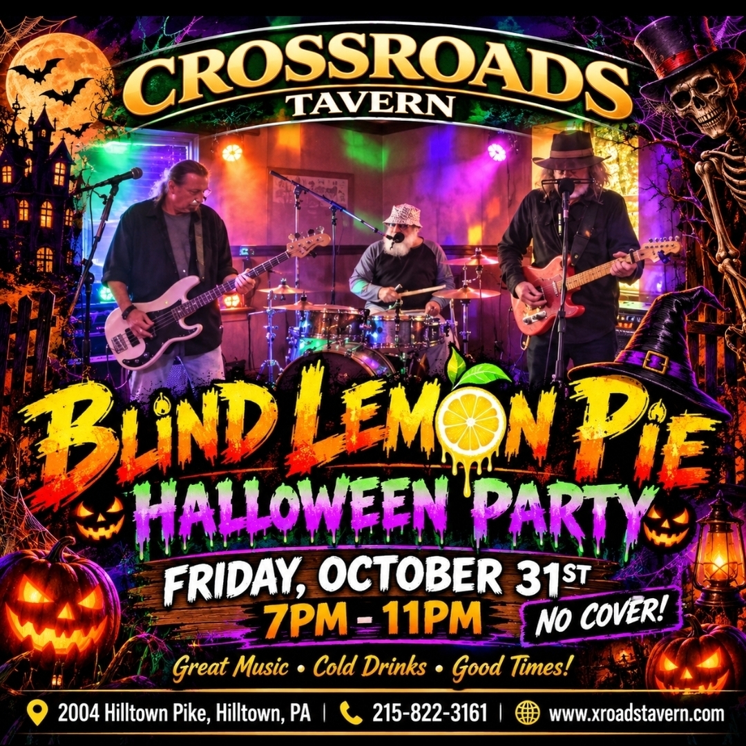 Event poster for a Blind Lemon Pie Halloween party at Crossroads Tavern on Friday, October 31st from 7pm to 11pm, featuring a live band and address information.